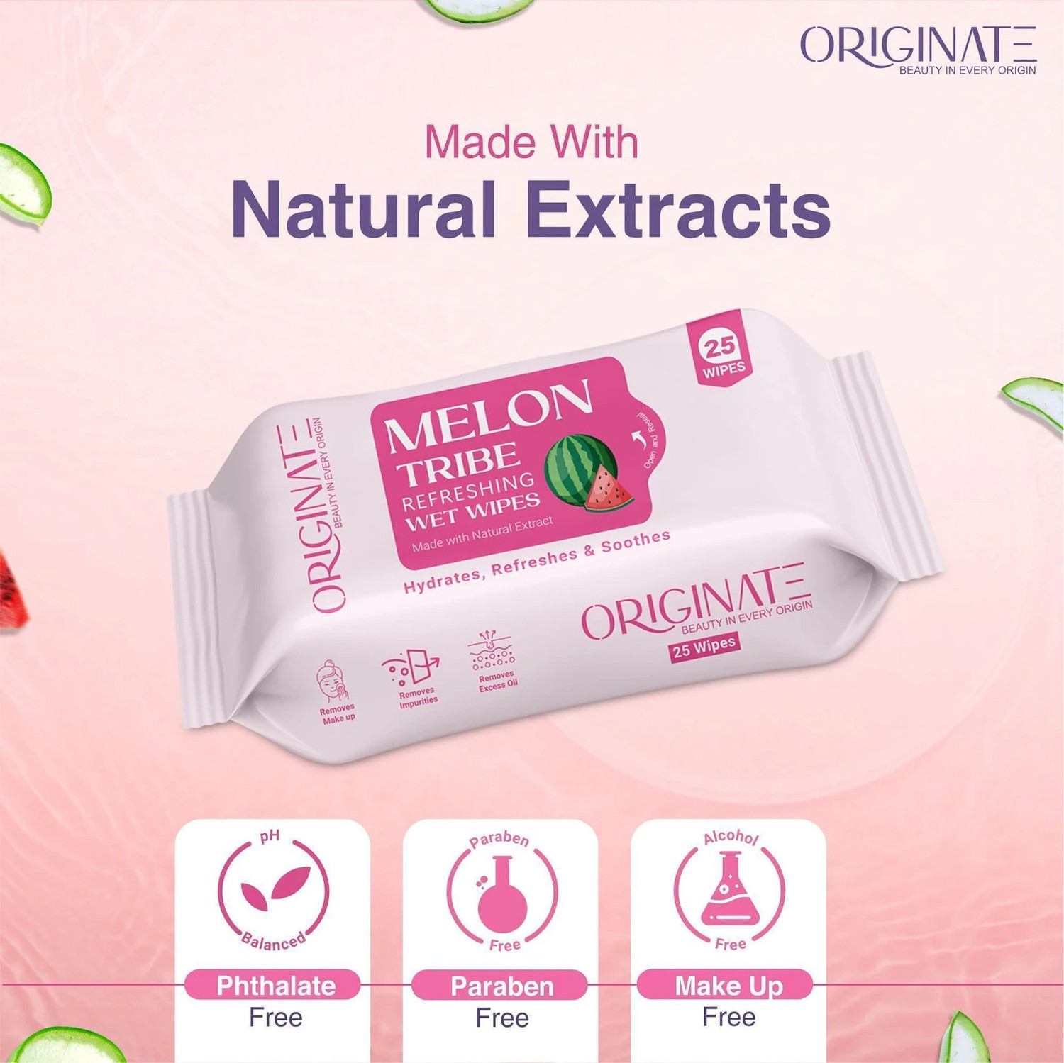 Image of ORIGINATE Melon Tribe Refreshing Wet Wipes for Easy Makeup, Excess Oil Removal-