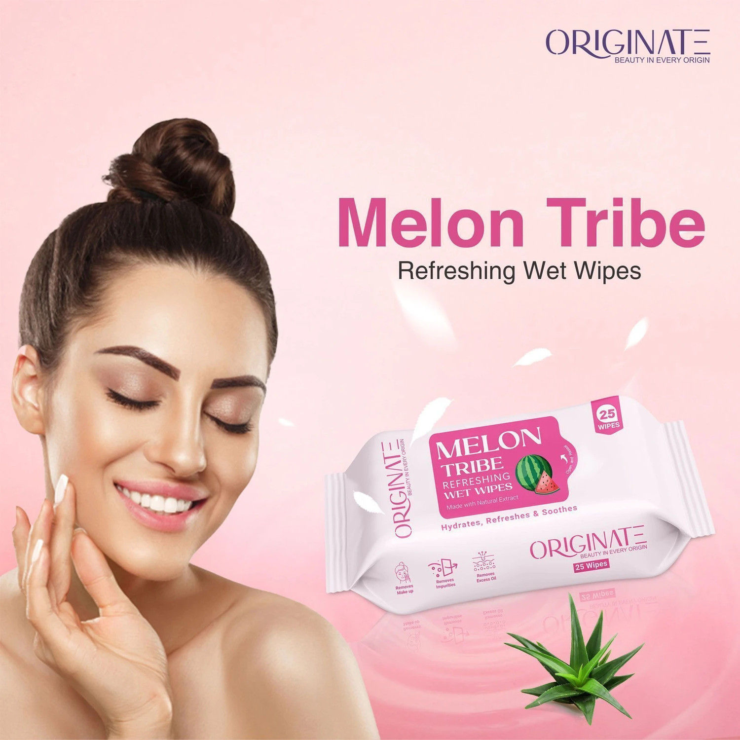 Image of ORIGINATE Melon Tribe Refreshing Wet Wipes for Easy Makeup, Excess Oil Removal-