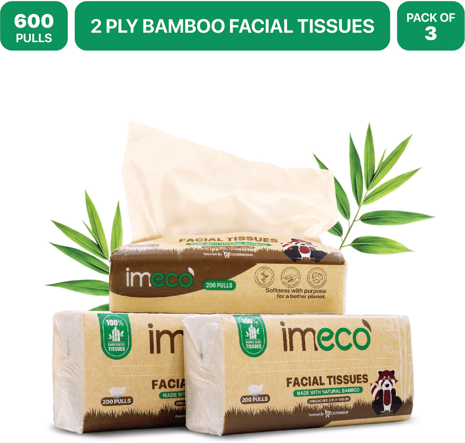 Image of IMECO Bamboo Facial Tissues Papers 200 Pulls | 2 Ply | Ultra-Soft & Biodegradable