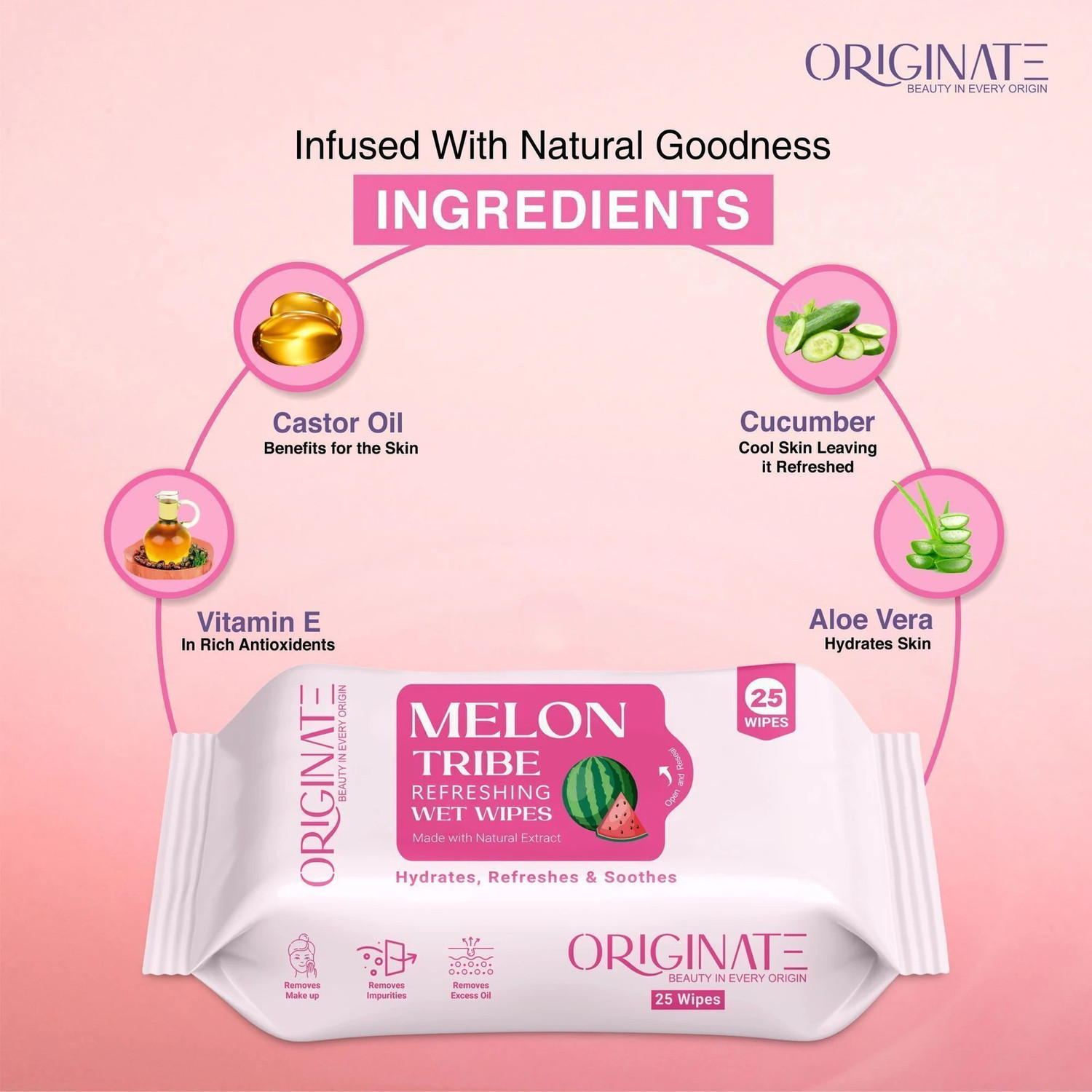 Image of ORIGINATE Melon Tribe Refreshing Wet Wipes for Easy Makeup, Excess Oil Removal-