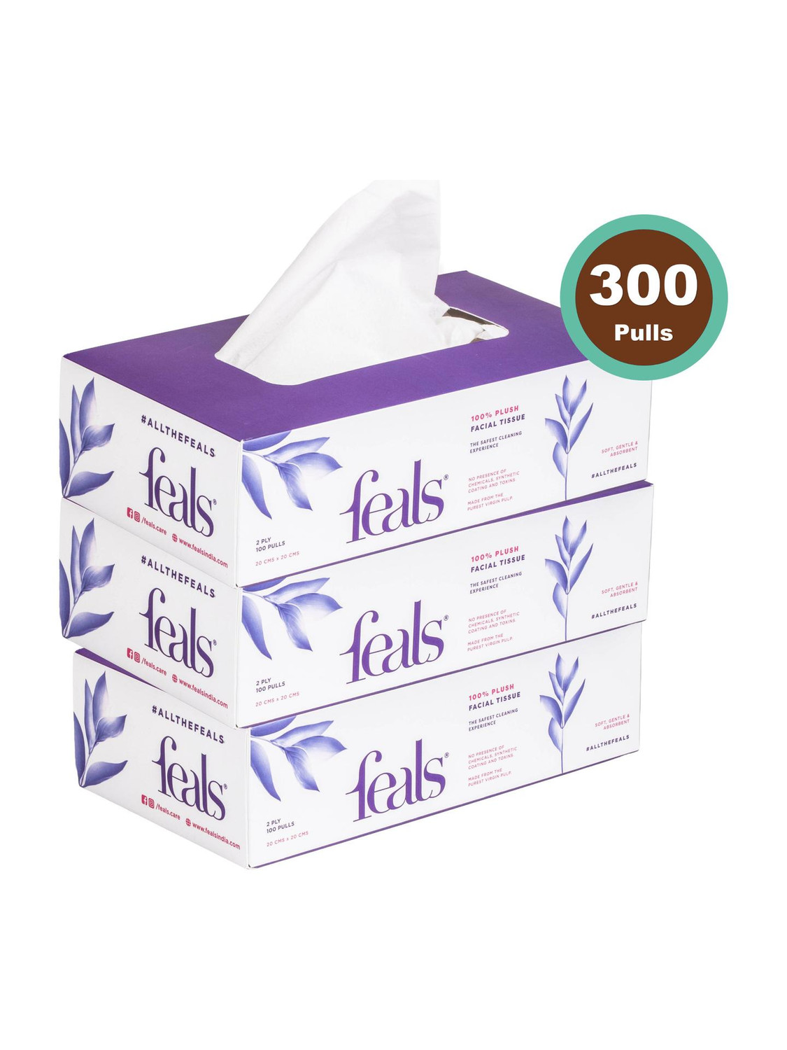 FEALS 2 Ply Facial Tissue Paper Box - 100 Pulls / Box (Pack of 3)