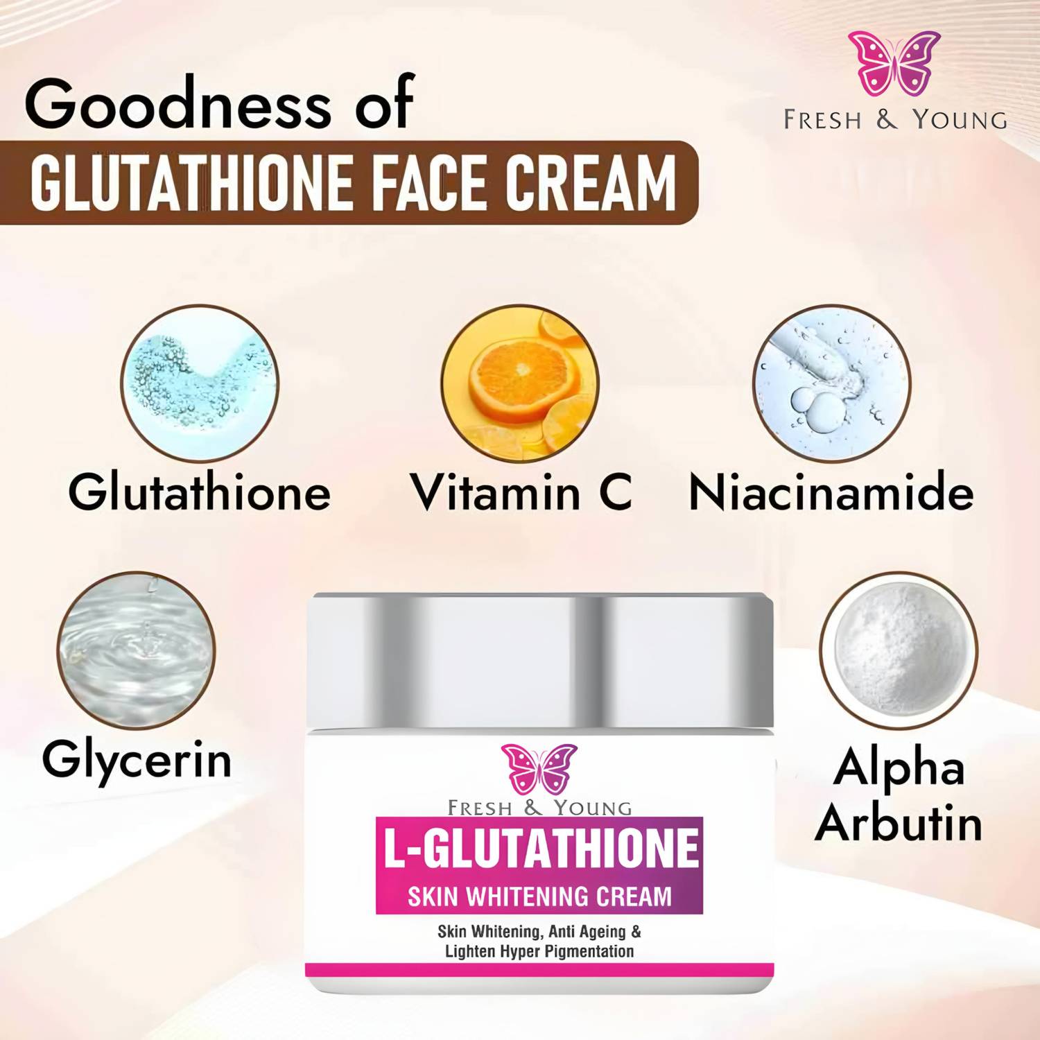 korean l-glutathione Fresh & Young Cream For Whitening And Glowing Skin (Korean Glass Skin) Price in India 30% Comp Price ghk cu when to Apply 1 IV Options:Energy