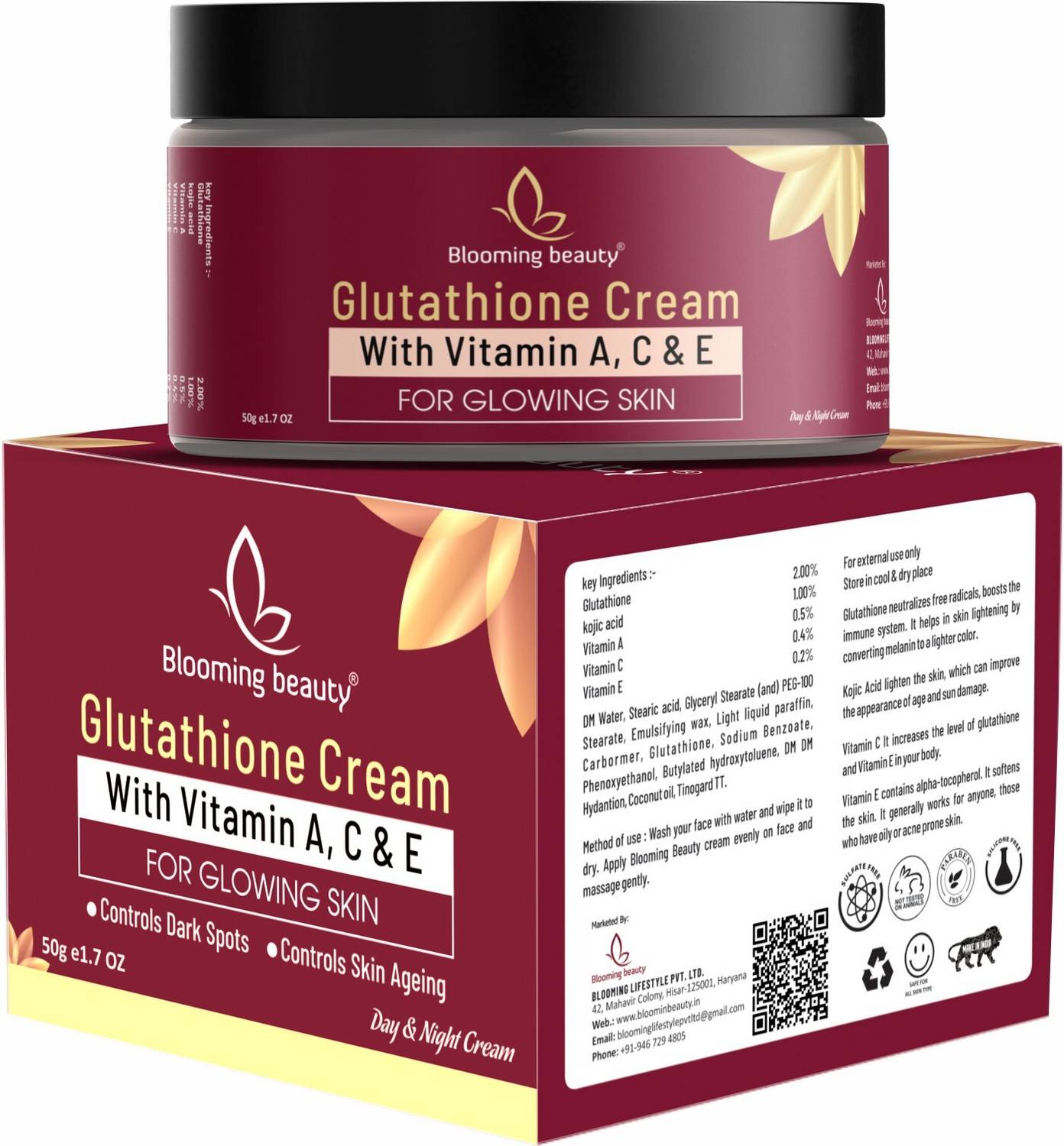 Blooming beauty Glutathione Day & Night Cream With Vitamin A,C & E And Kojic Acid For Skin Glowing, 50 g