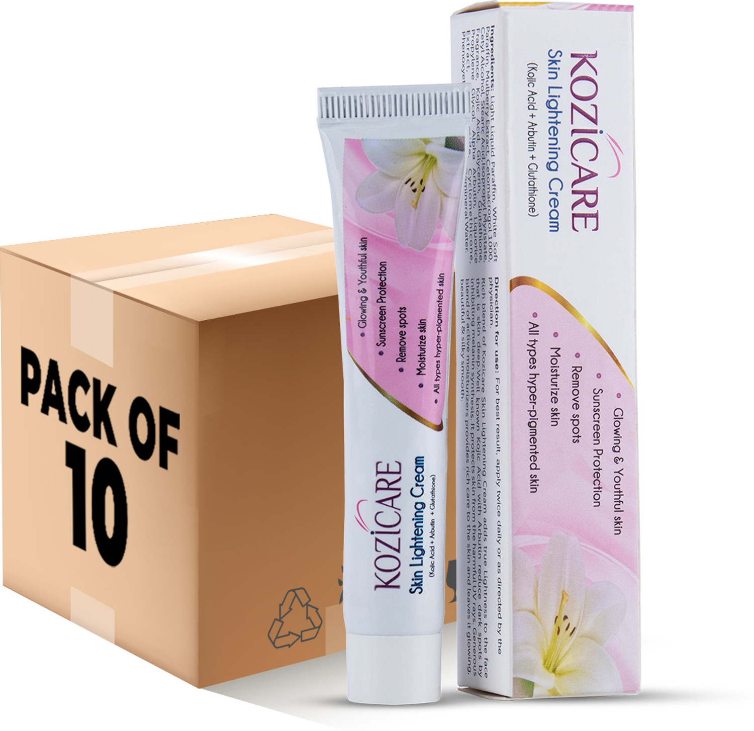 Image of Kozicare Skin Lightening Cream with Kojic Acid, Arbutin, Glutathione - 15gm (Pack of 10)