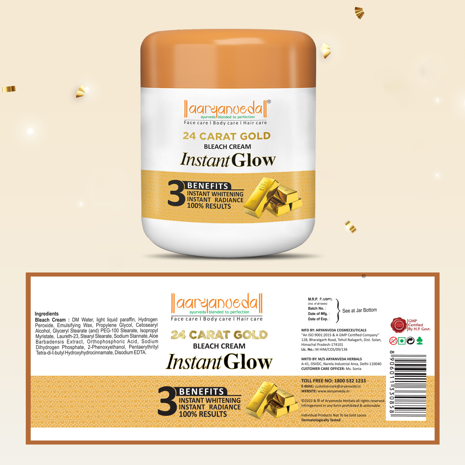 Image of Aaryanveda 24 Carat Gold Bleach Cream 400gm And Rose Face Toner 100ml