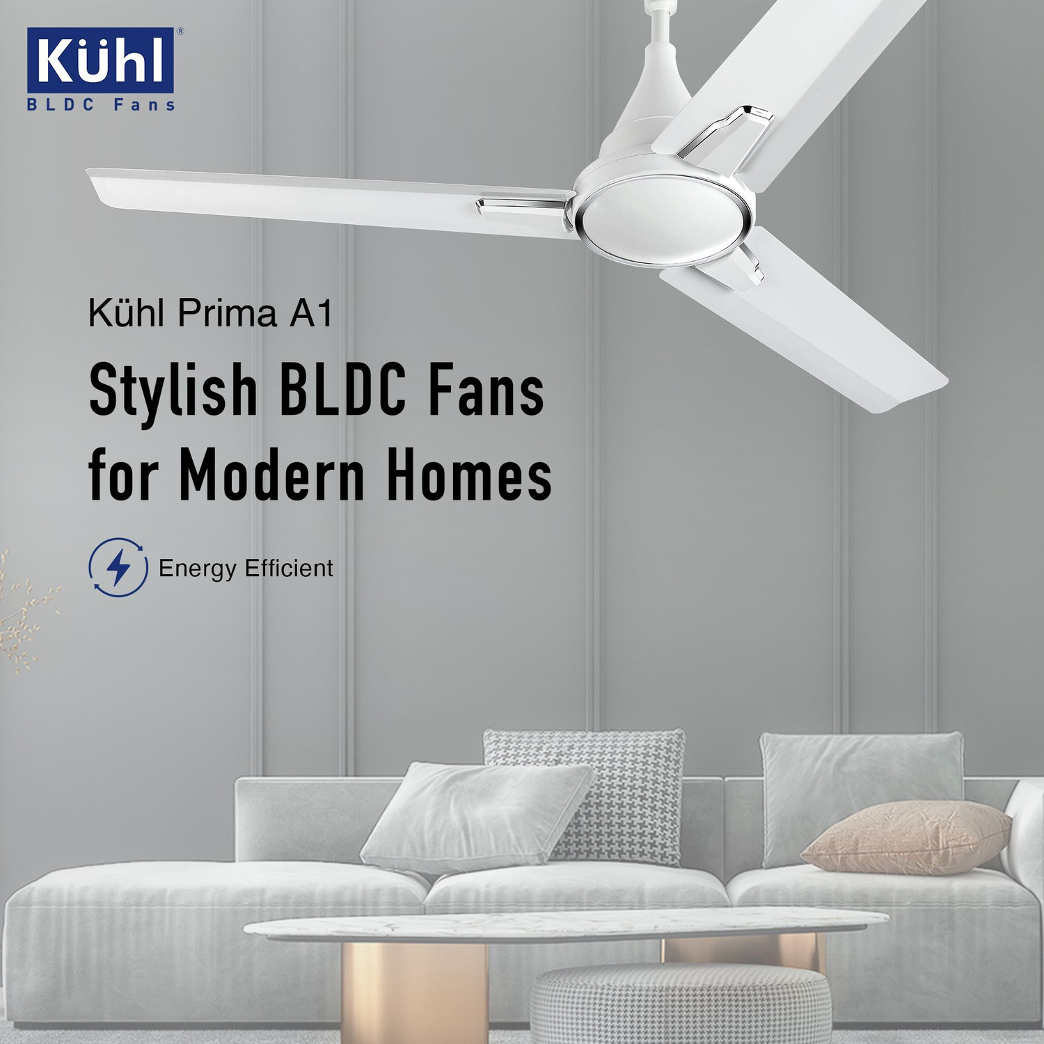 Image of KUHL | Prima A1, BLDC, 29W, Low Noise, Energy-Saving, 5-Year Warranty with 2 Year Warranty 1200 mm Ceiling Fan (5 Star | White | Pack of 1)