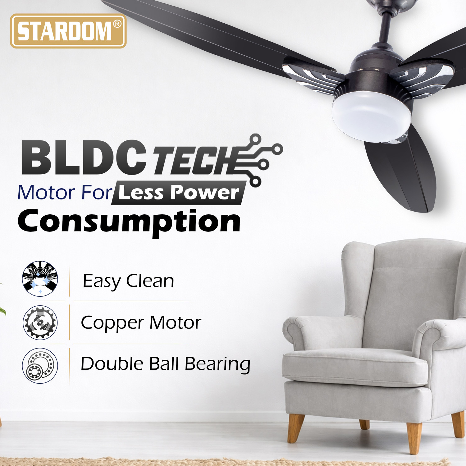 Image of Stardom COSMO 3 BLADE WITH LED LIGHT-SB with 60 Months Warranty Anti Dust, BLDC Motor, BLDC Motor with Remote, High Air Delivery 1200 mm Ceiling Fan (5 Star | Black | Pack of 1)