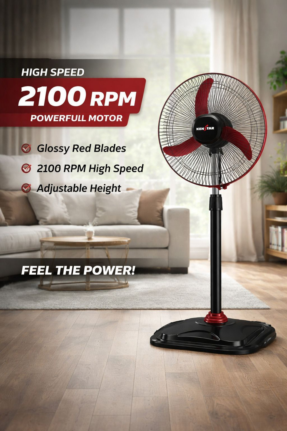 Image of Kenstar Wind Speed Ultra MRN | Adjustable Height with 2 Year Warranty Ultra High Speed 400 mm Pedestal Fan