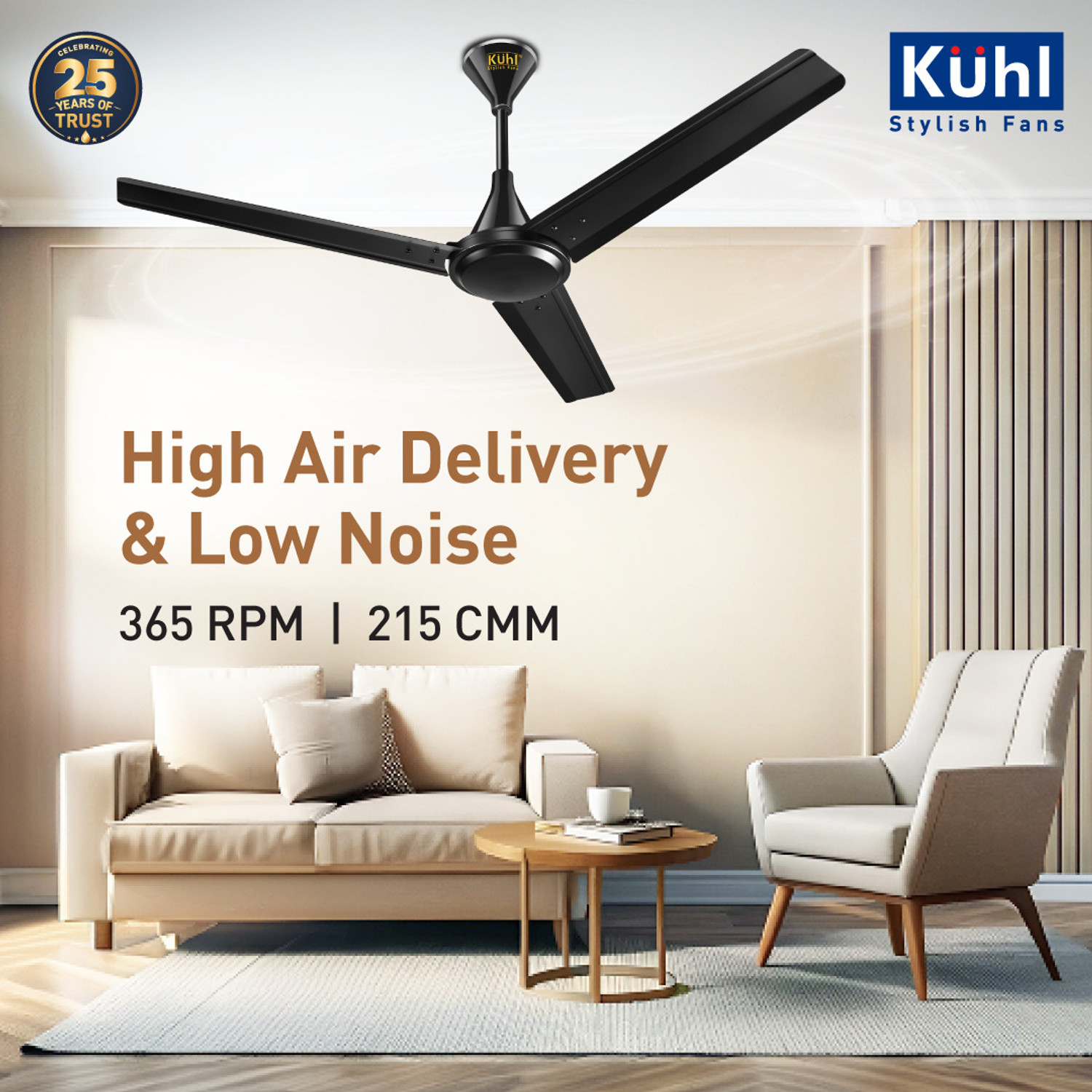 Image of KUHL Fest B1 Power Saving BLDC Ceiling Fan |28W|365 RPM | Remote & Regulator Operated BLDC Motor with Remote 1200 mm Ceiling Fan (5 Star | Black | Pack of 1)