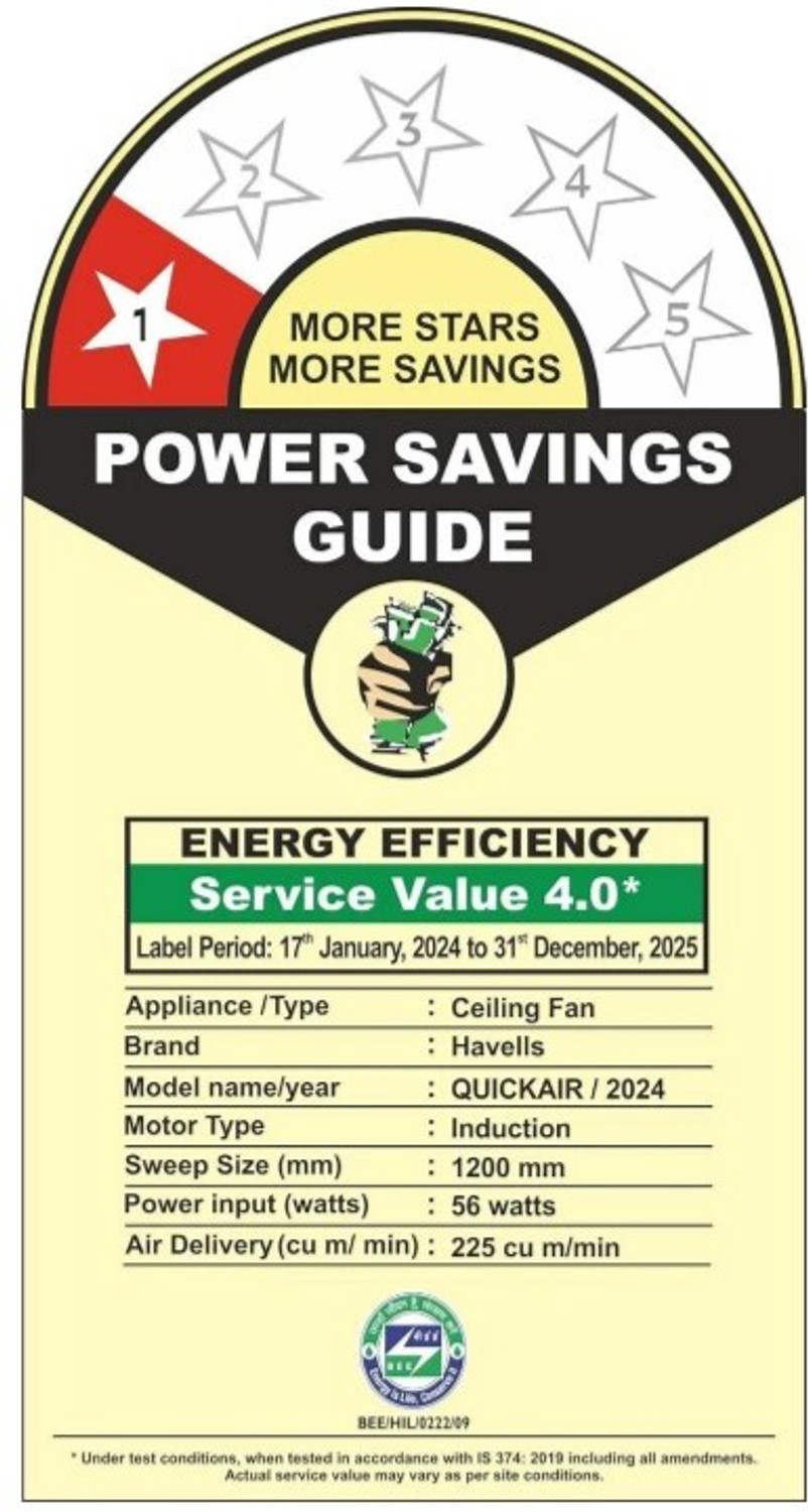 Image of HAVELLS Quickair|Energy Efficient|Silent Operation|Premium Design|56W|Wider Blade Tip with 2 Year Warranty Energy Saving 1200 mm Ceiling Fan