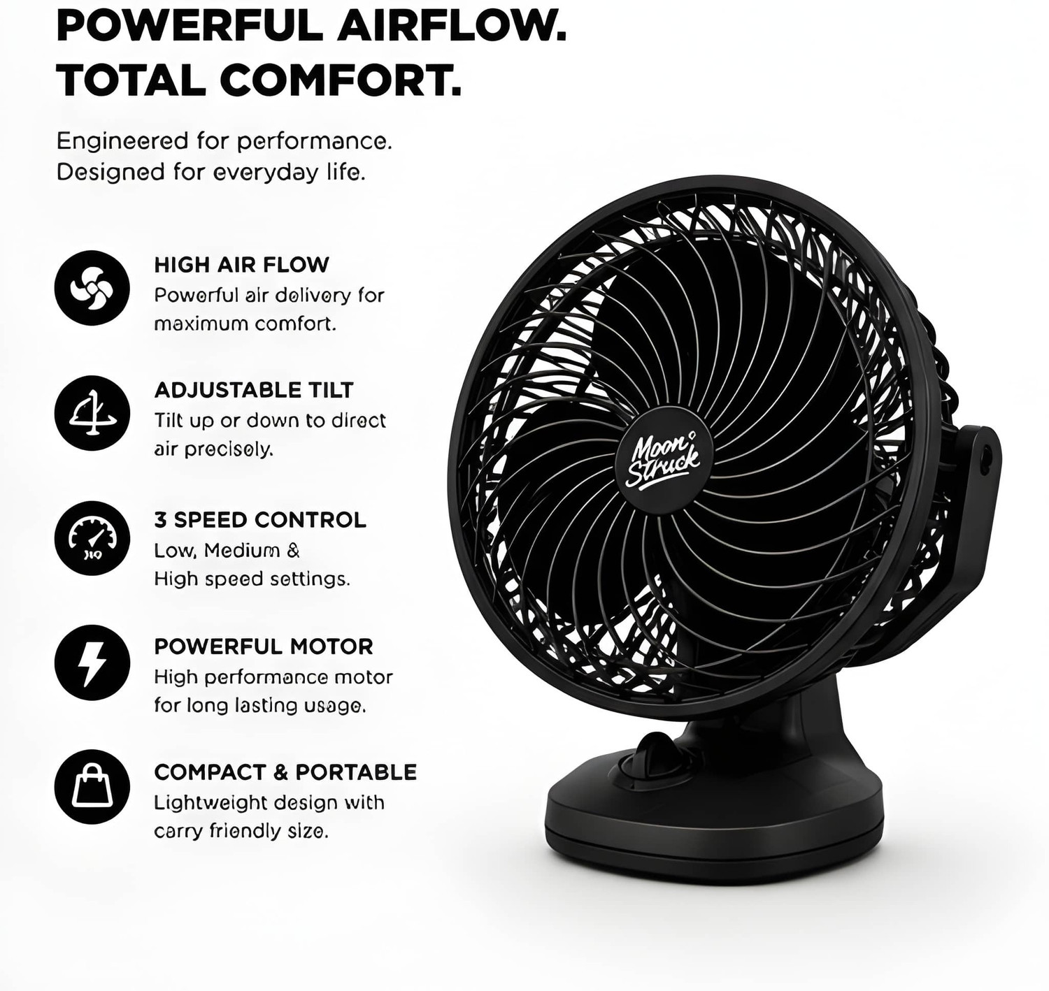 Image of Moonstruck Onyx 9 Inch All Purpose Fan | Table & Wall Mount | Made in India with 12 Months Warranty Energy Saving, High Air Delivery 230 mm Table Fan