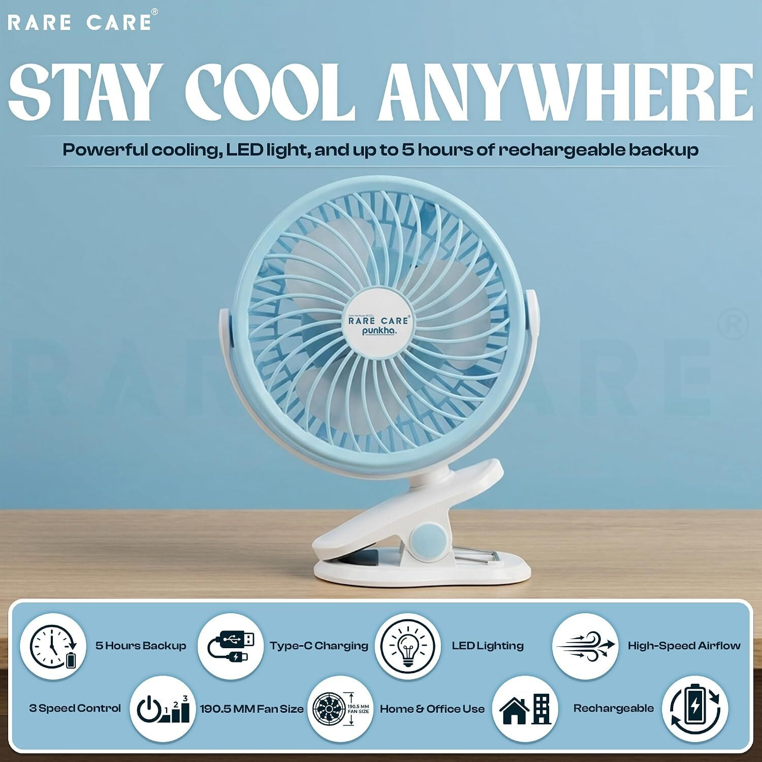 Image of Rarecare Table Fan for Home | Rechargeable | C-Type 5-Hours Battery Backup | 3 Speed with 12 Months Warranty 190.5 mm Table Fan