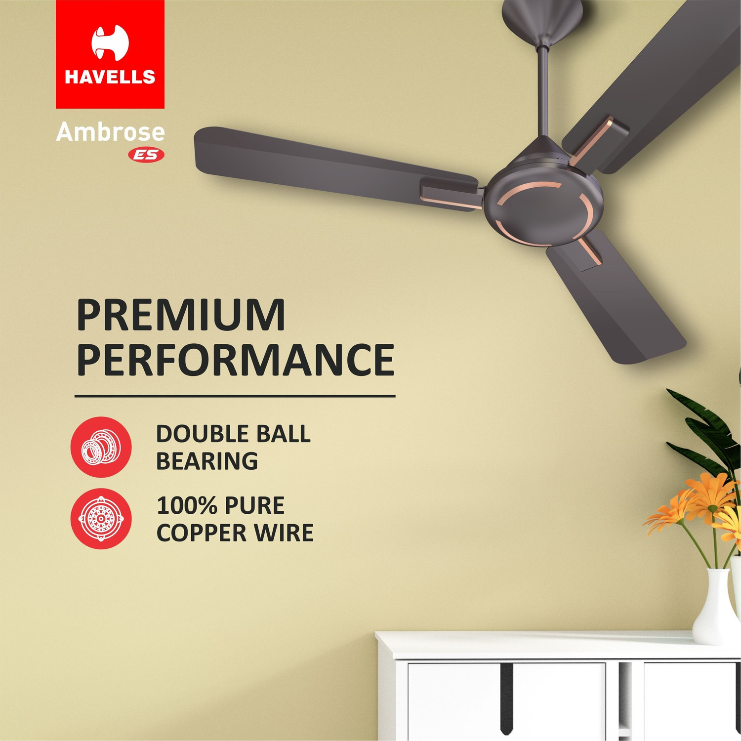 Image of HAVELLS AMBROSE HS with 2 Year Warranty Energy Saving 1200 mm Ceiling Fan (1 Star | Copper | Pack of 1)