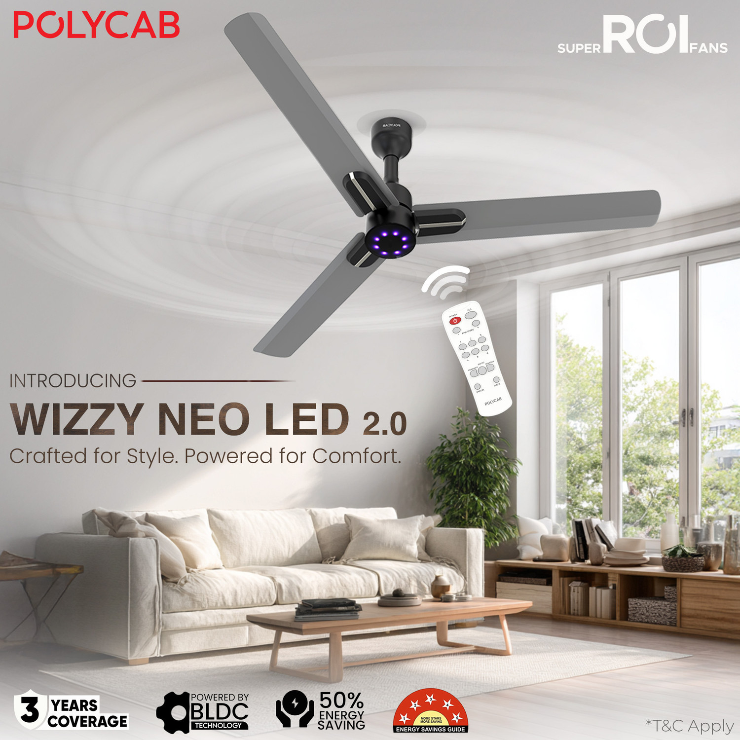 Image of Polycab Wizzy Neo LED 2.0100% CopperHigher Air DeliveryLED Indicator with 3 Year Warranty BLDC Motor with Remote 1200 mm Ceiling Fan