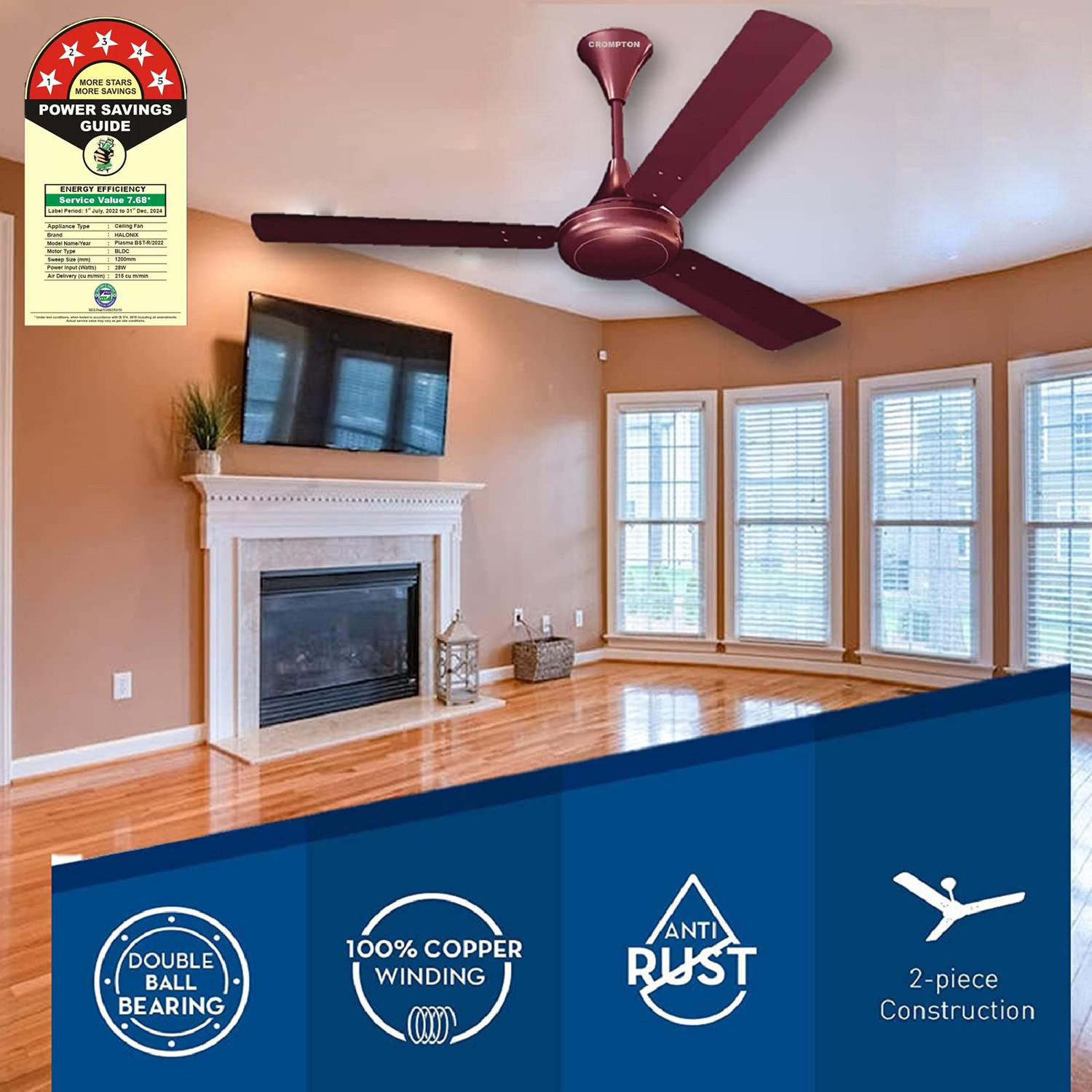Image of Crompton SUREBREEZE 400 RPM HS Plus Super HIGH SPEED 100% COPPER MOTOR LONGER LIFE 154 with 24 Months Warranty Energy Saving 1200 mm Ceiling Fan