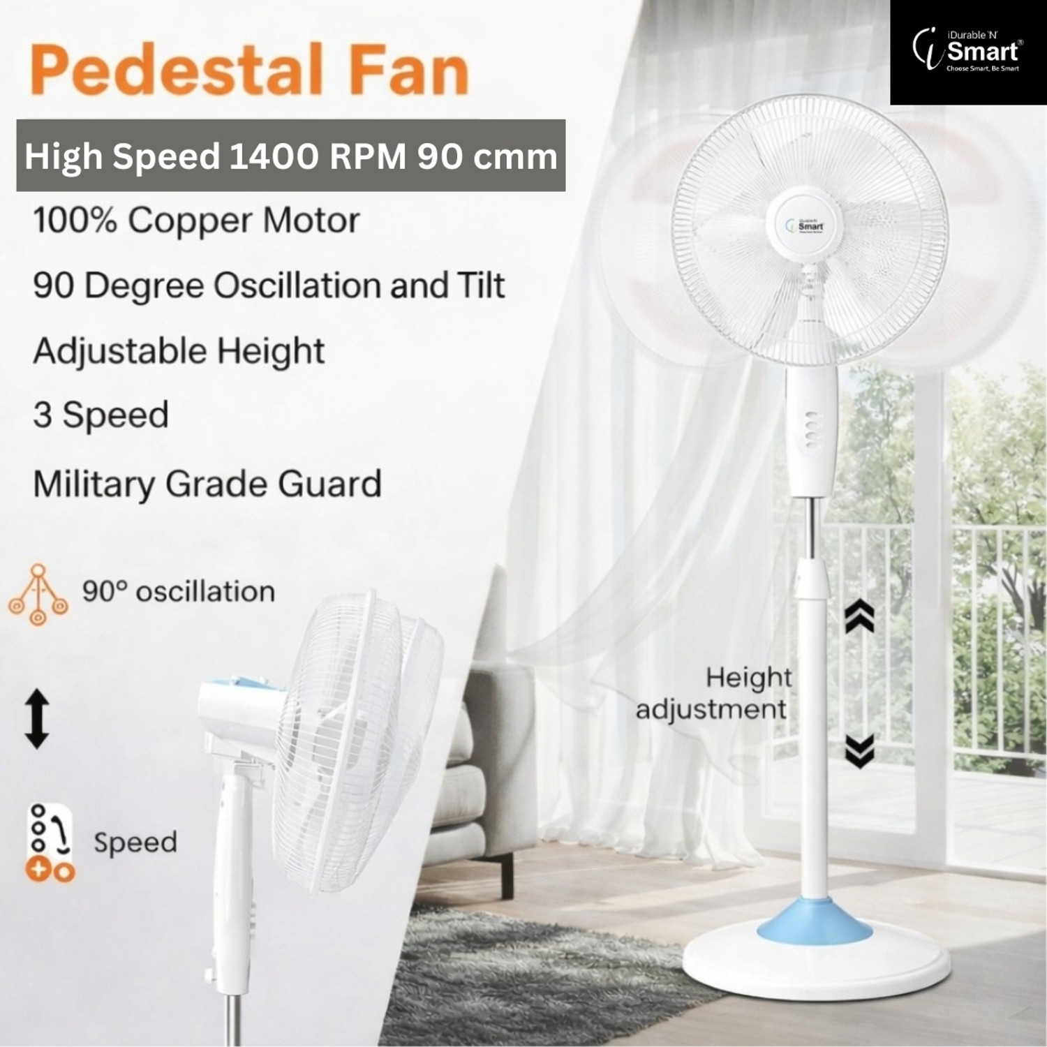 Image of iDurable 'N' Smart 16 Inch 130W Ultra High Speed Pedestal Fan | 400 mm Sweep with 12 Months Warranty Ultra High Speed 400 mm Pedestal Fan
