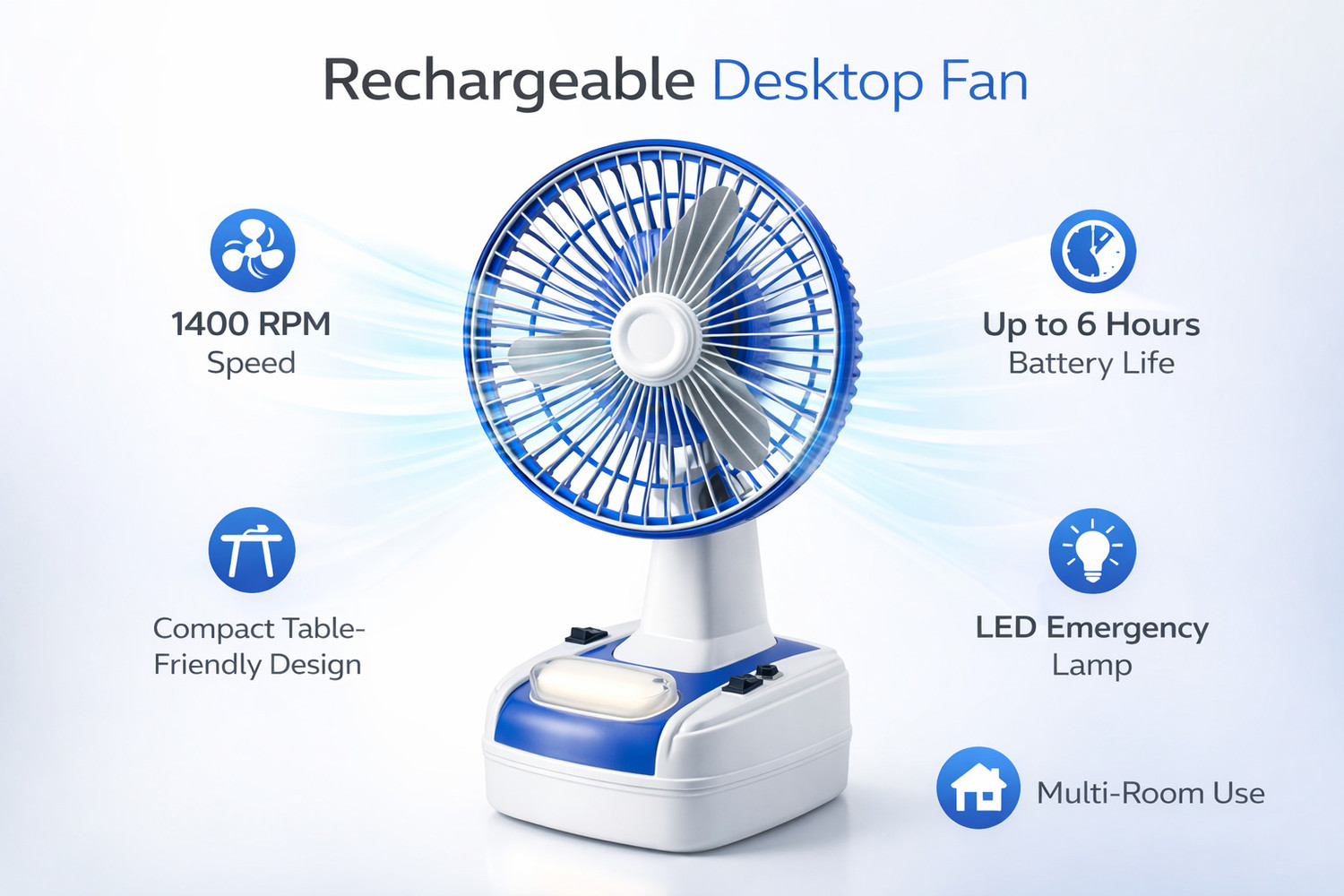 Image of ROPIOR RP-Chargetablefan-001-Blue | Rechargeable | LED Light Energy Saving, Anti Rust, Silent Operation, Underlight 400 mm Table Fan