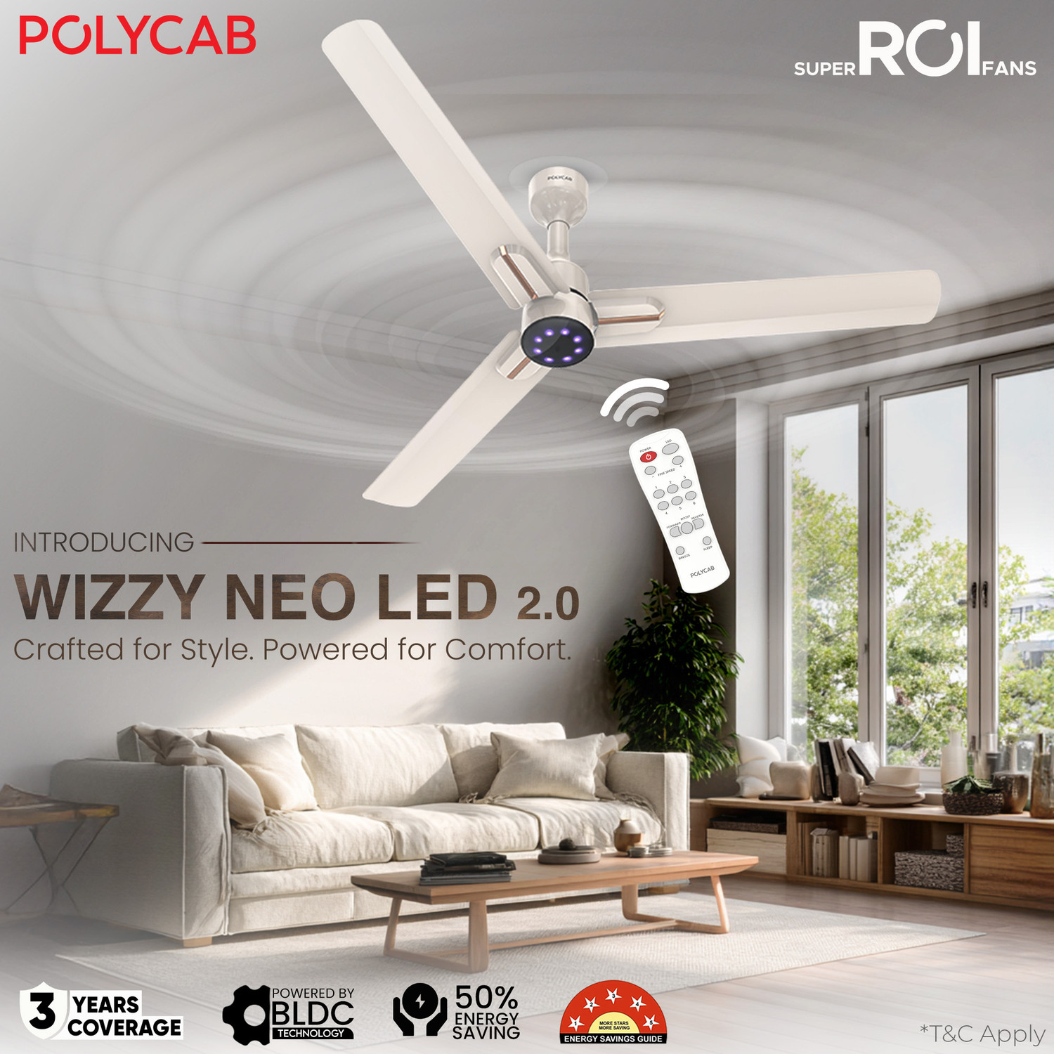 Image of Polycab Wizzy Neo LED 2.0100% CopperHigher Air DeliveryLED Indicator with 3 Year Warranty BLDC Motor with Remote 1200 mm Ceiling Fan