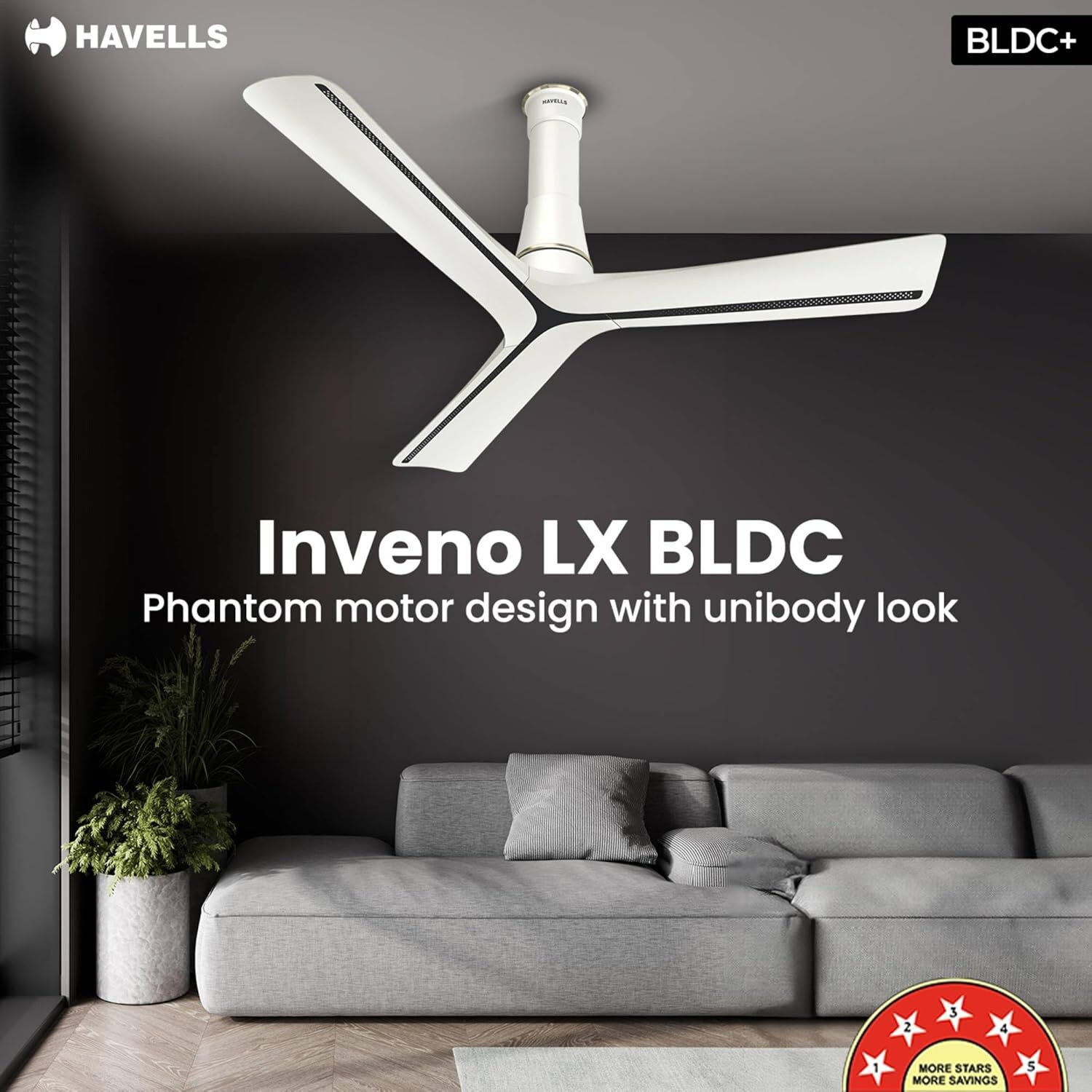 Image of HAVELLS Inveno LX, Timer,Breeze,Sleep,MOP Modes, with 2 Year Warranty 1200 mm Ceiling Fan