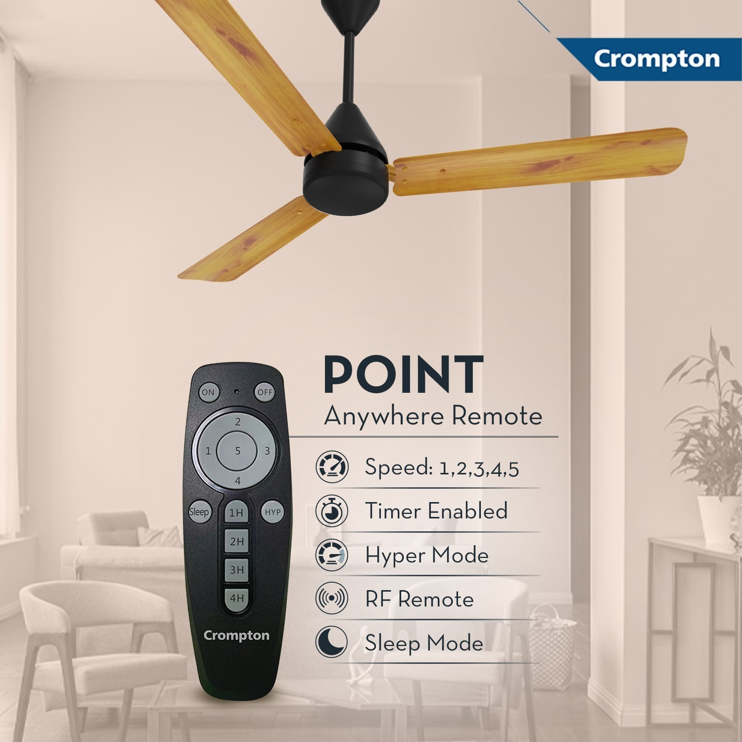 Image of Crompton EN Hyperjet Plus 48 5S RM with 2 Year Warranty 1200 mm Ceiling Fan (5 Star | Light Pine Wood | Pack of 1)