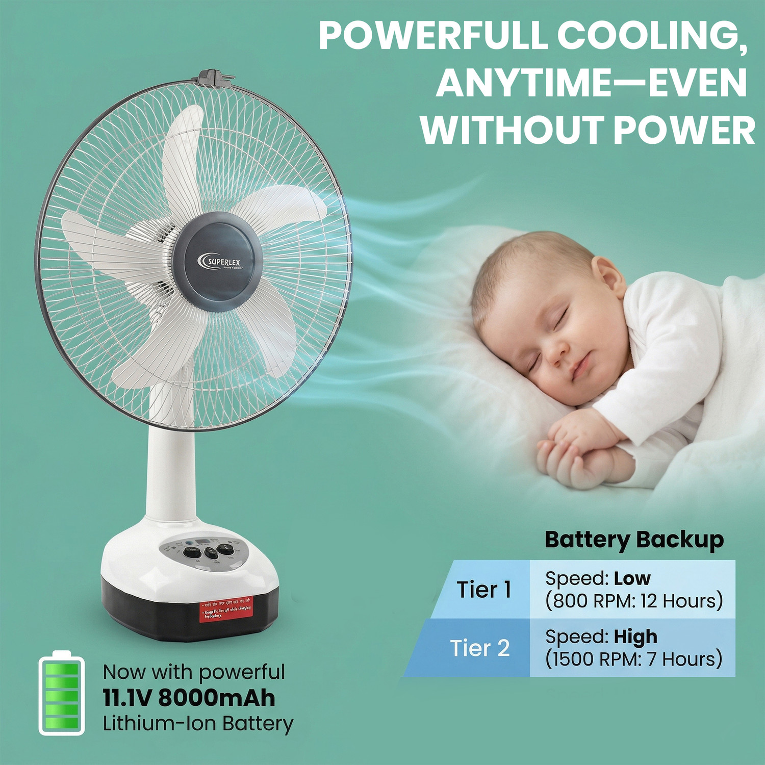 Image of SUPERLEX BreezePro SRF-400 AC /DC Rechargeble High Air Delivery | 12H Backup & USB Output with 1 Year Warranty 400 mm Table Fan