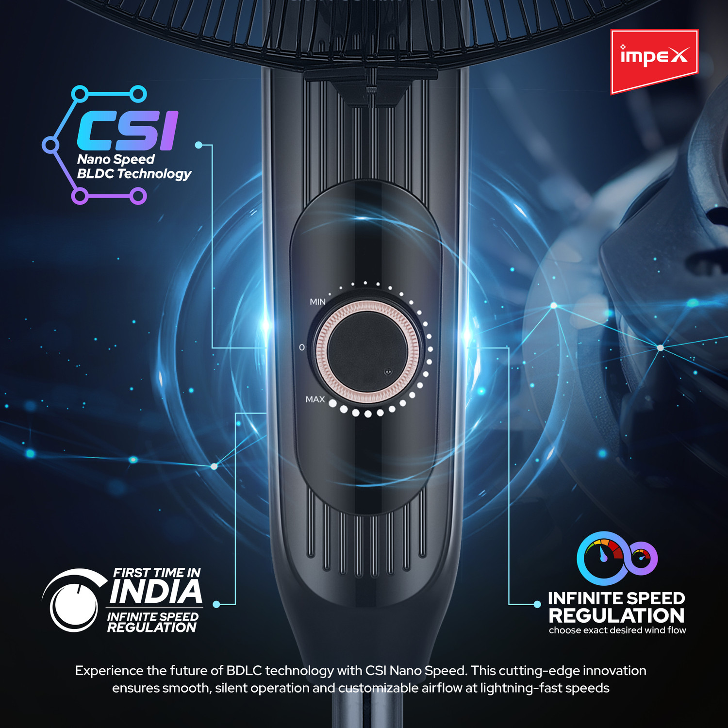 Image of IMPEX BLDC Pedestal Fan (eN Booster PF HS Black) with 3 Year Warranty BLDC Motor 400 mm Pedestal Fan