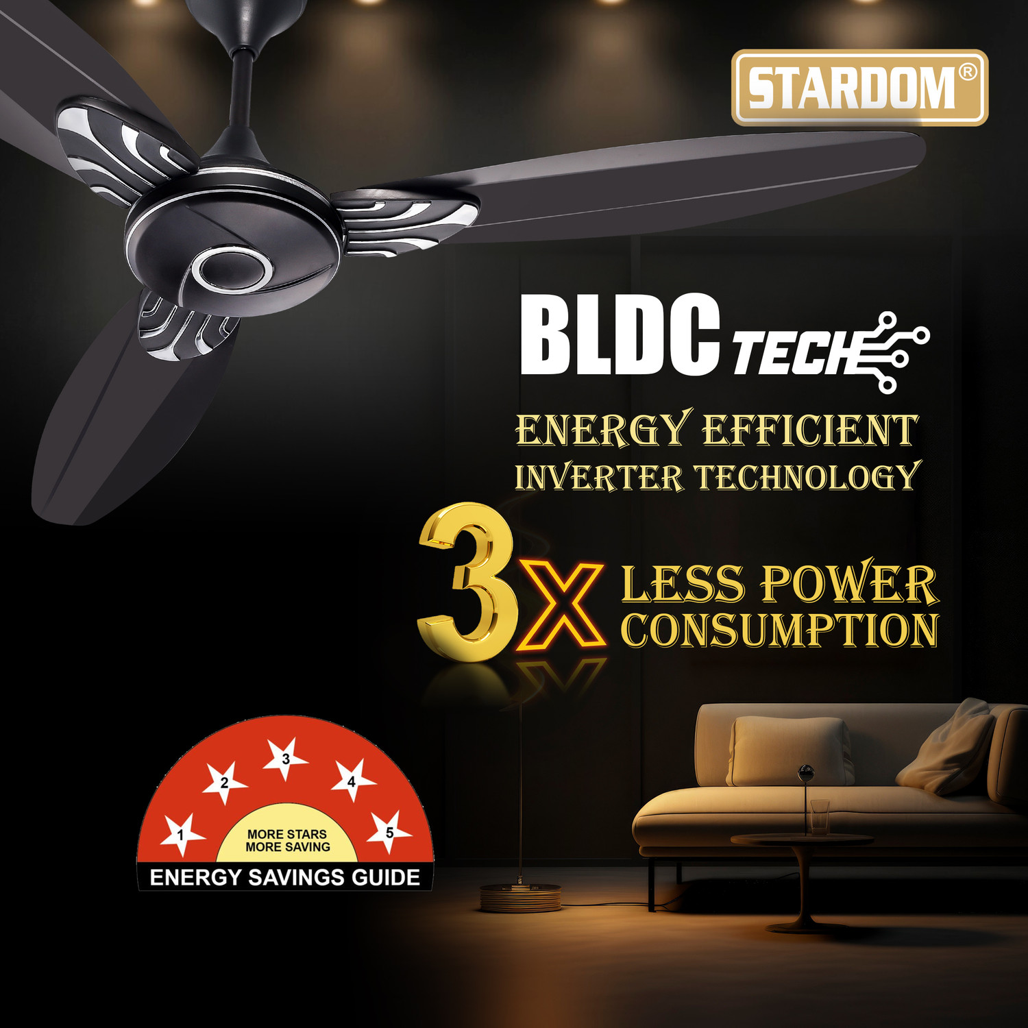 Image of Stardom RACER SMOKE BROWN 1200 MM BLDC with 5 Year Warranty BLDC Motor with Remote 1200 mm Ceiling Fan