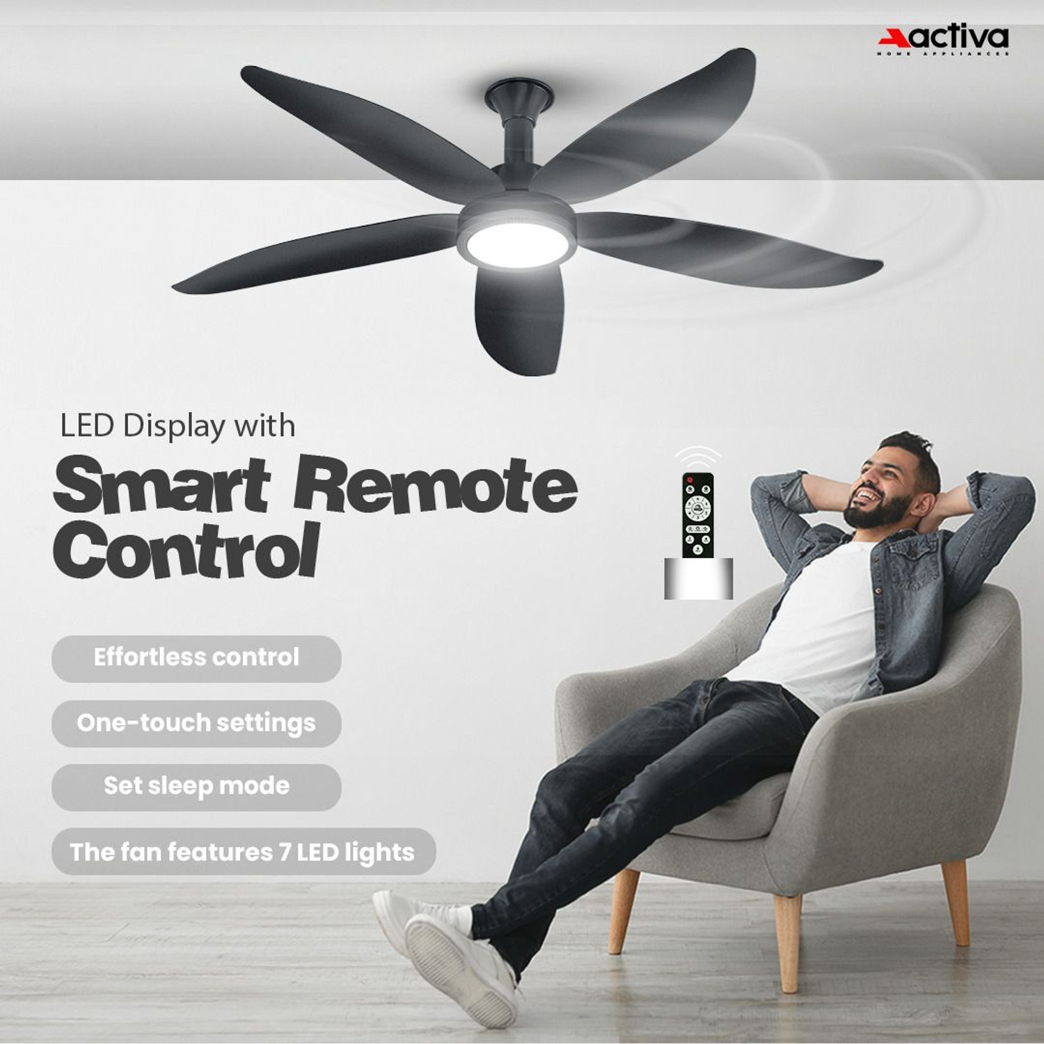 Image of ACTIVA Aero Five | BLDC Motor | Remote Control | LED Light | 5 Blade with 5 Year Warranty BLDC Motor with Remote 1200 mm Ceiling Fan