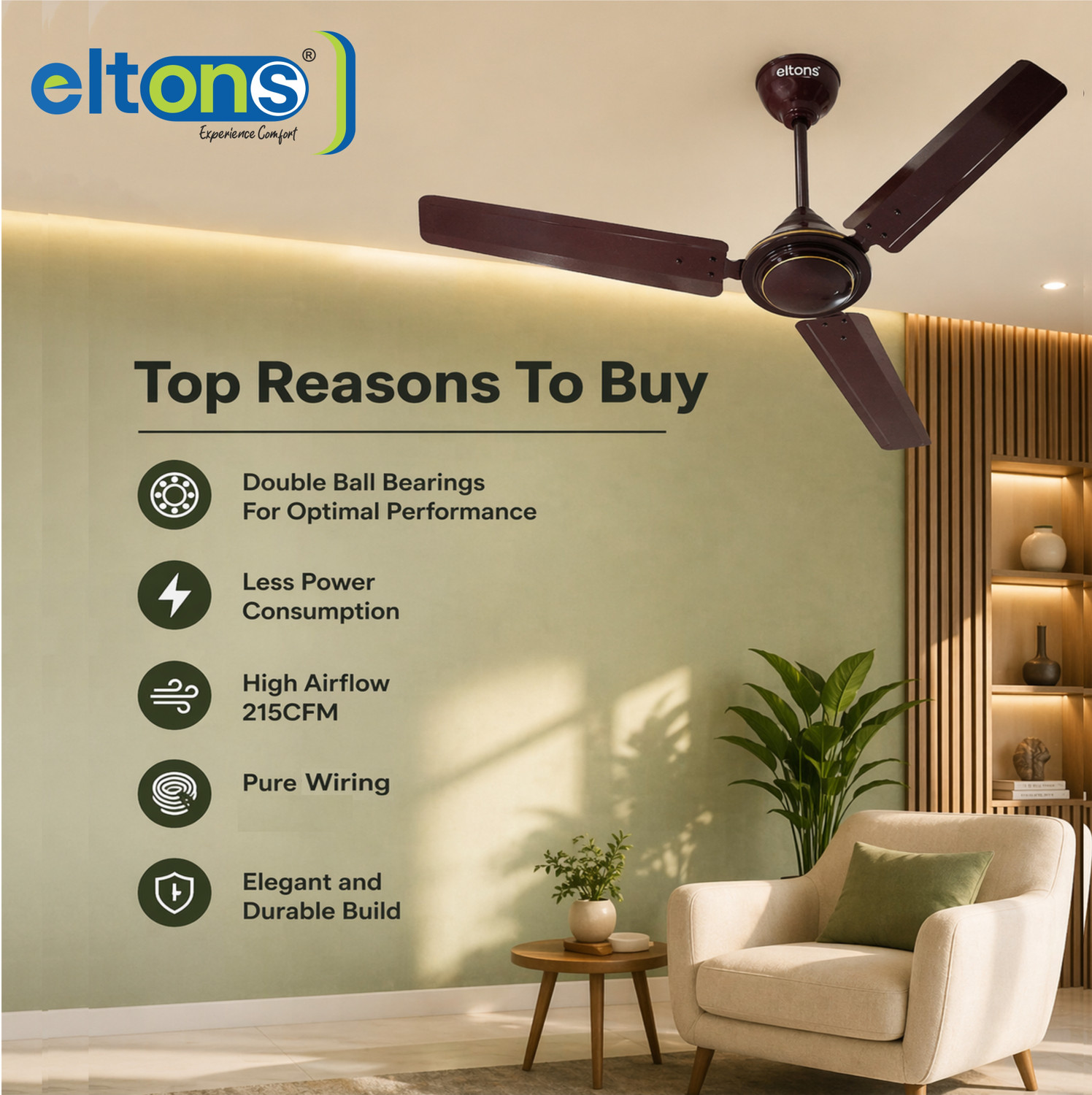 Image of Eltons Swing Plus | Energy Efficient | Low Noise | Premium Finish | High Air Delivery with 24 Months Warranty Energy Saving, High Air Delivery 1200 mm Ceiling Fan