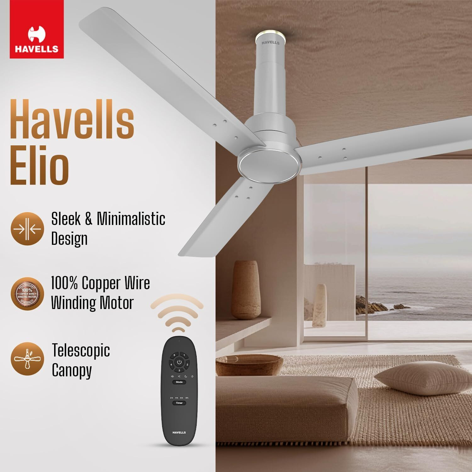 Image of HAVELLS Elio BLDC, High Air Delivery with Energy Saving, with 2 Year Warranty BLDC Motor with Remote 1200 mm Ceiling Fan