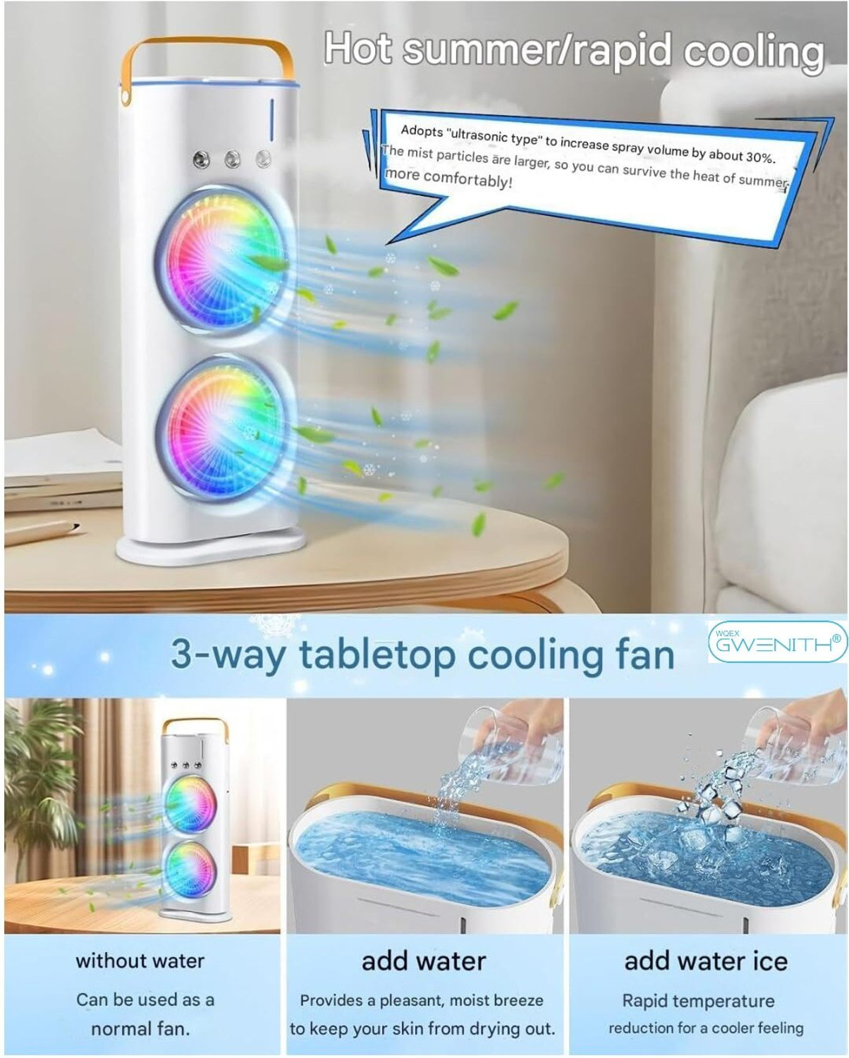 Image of ticrox USB Rechargeable Mini Table & LED Light Cooler Cold Spray, Ice Water Misting Fan Remote Controlled Ceiling Fan