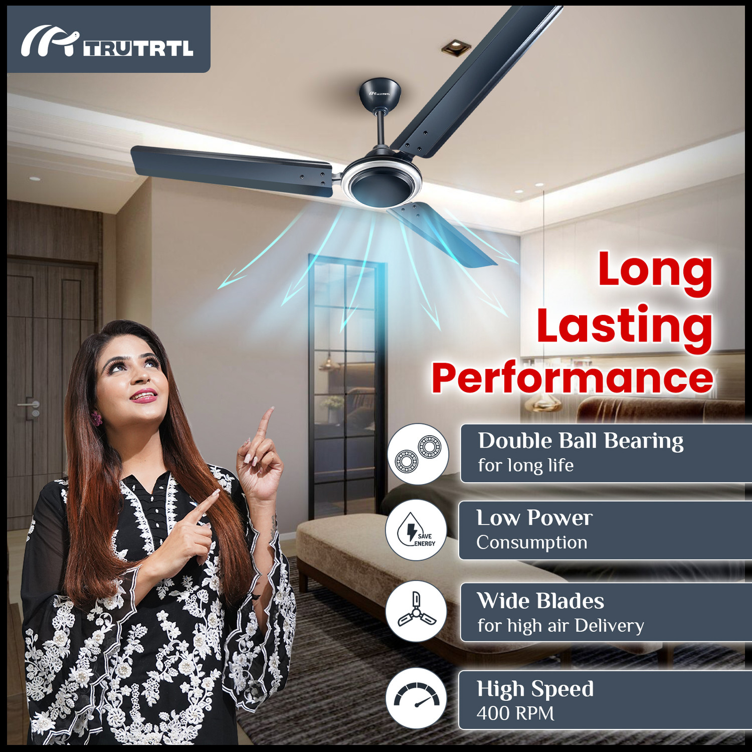 Image of truTRTL Smart Ceiling Fan 1200 mm (48 inch) High-Speed with 2 Year Warranty with 1 Year Warranty 1200 mm Ceiling Fan