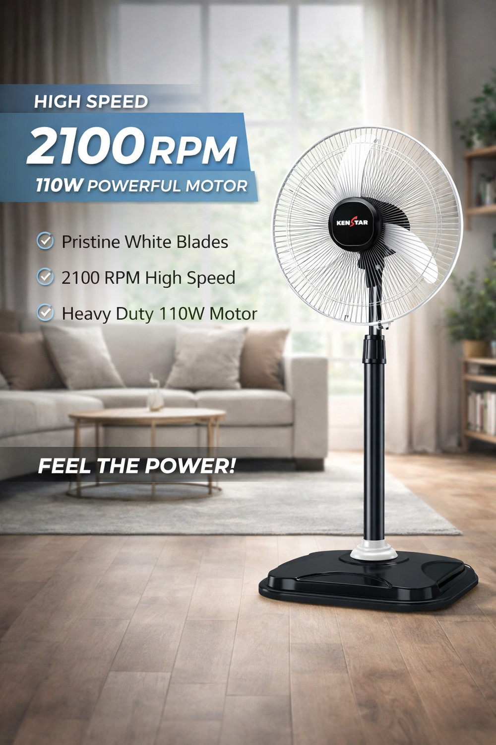 Image of Kenstar Wind Speed Ultra GRY | Adjustable Height with 2 Year Warranty Ultra High Speed 400 mm Pedestal Fan