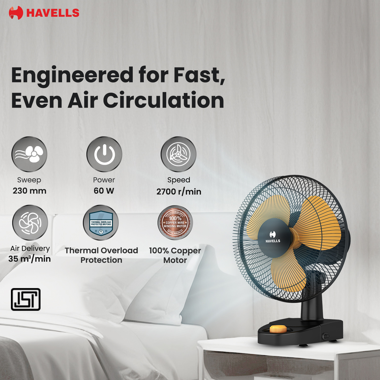 Image of HAVELLS CANDY HS|Low Noise|100 % Copper Motor|High Speed|Thermal Overload Protection with 2 Year Warranty Energy Saving 230 mm Table Fan