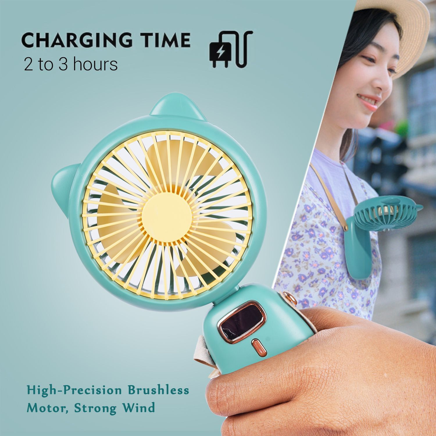 Image of ECOSKY 4 MODES HANDLELD FOLDING CAT EAR FAN USB C TYPE CHARGING Green with 1 Year Warranty Ultra High Speed 4 mm Table Fan