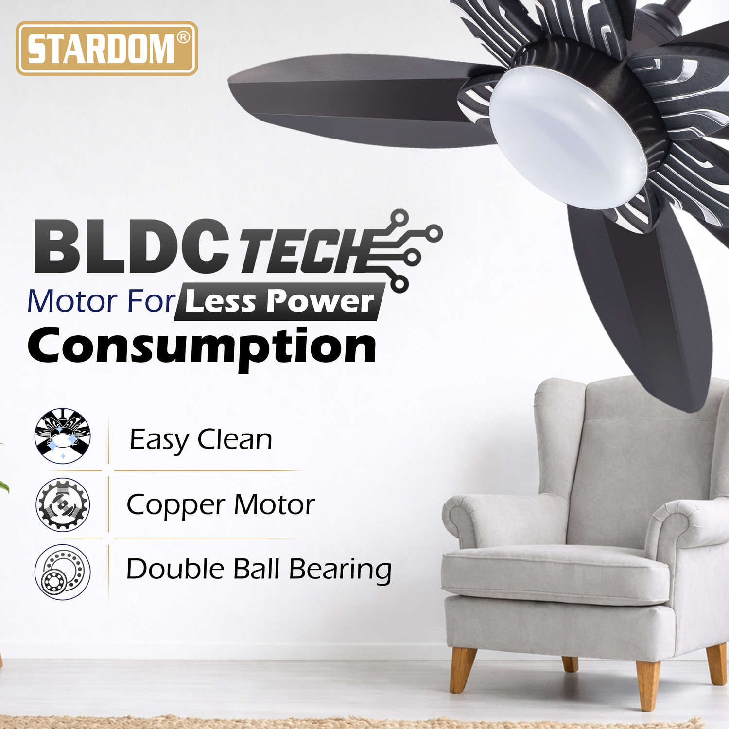 Image of Stardom HEXA PRIME WITH LED LIGHT with 60 Months Warranty Anti Dust, BLDC Motor, BLDC Motor with Remote, High Air Delivery 1200 mm Ceiling Fan
