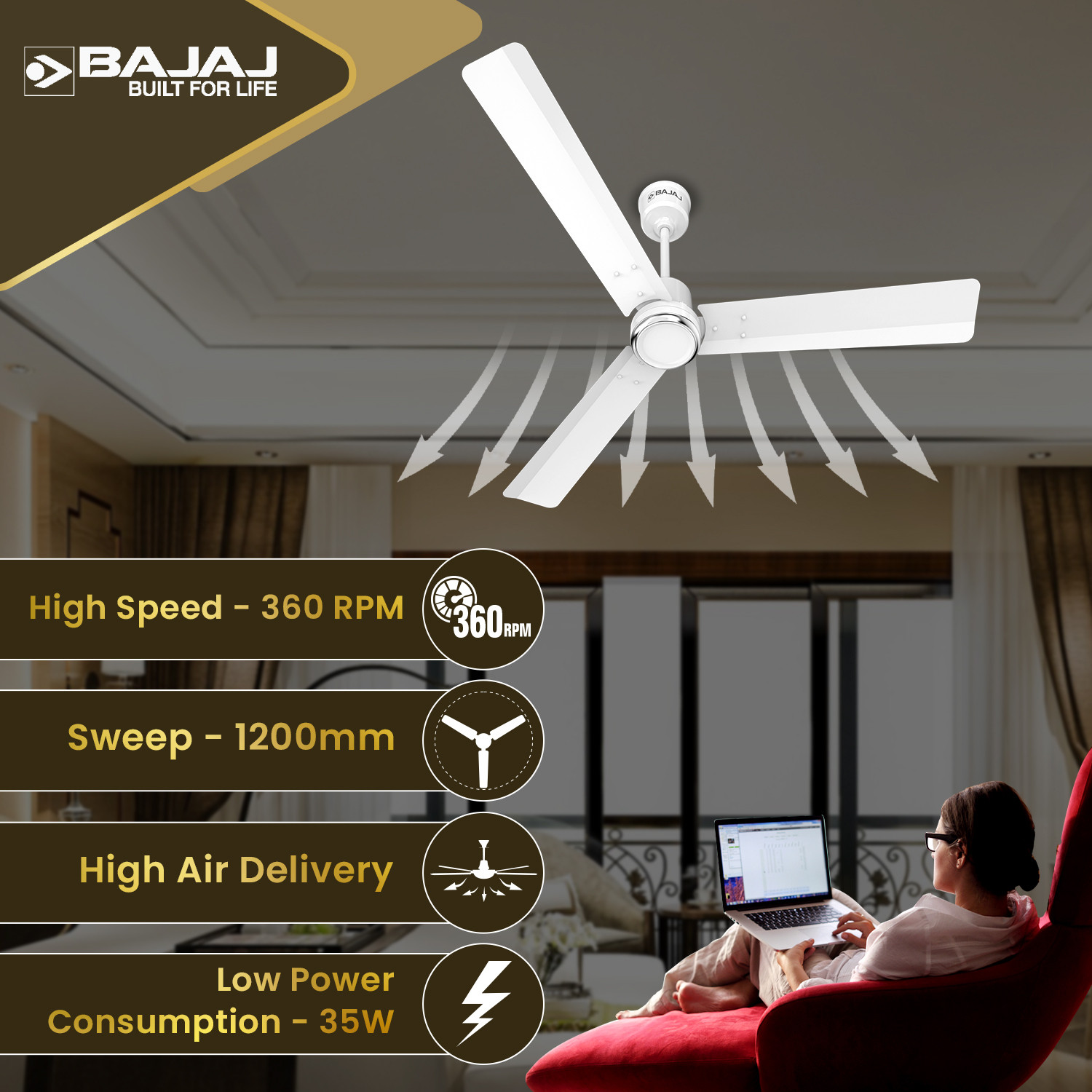 Image of BAJAJ Armour Series Classico Sleek Plus with 60 Months Warranty BLDC Motor with Remote 1200 mm Ceiling Fan