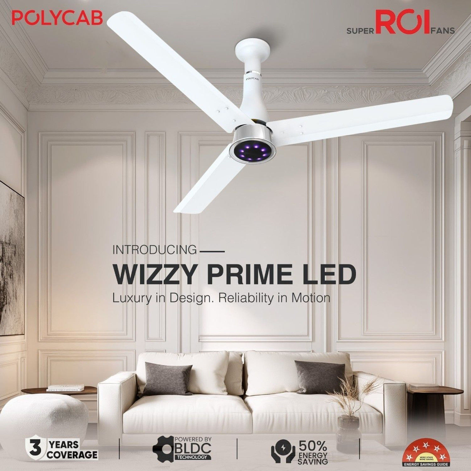 Image of Polycab Wizzy Prime100% CopperLED Indicator Higher Air Delivery with 3 Year Warranty BLDC Motor with Remote 1200 mm Ceiling Fan