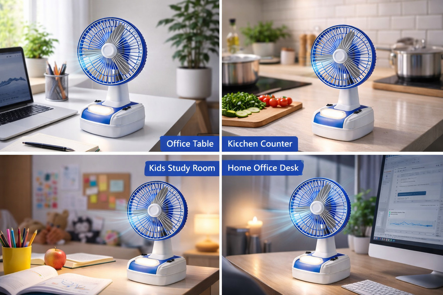 Image of ROPIOR RP-Chargetablefan-001-Blue | Rechargeable | LED Light Energy Saving, Anti Rust, Silent Operation, Underlight 400 mm Table Fan
