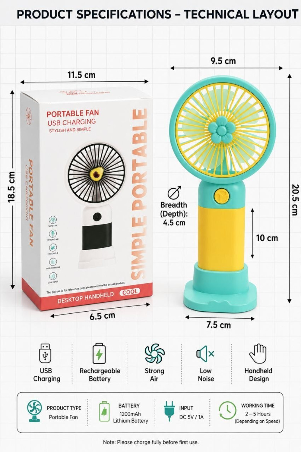 Image of YAKUNOX Mini Portable Fan USB Rechargeable Desk Cooling Fan Random Colour Anti Dust 90 mm Table Fan