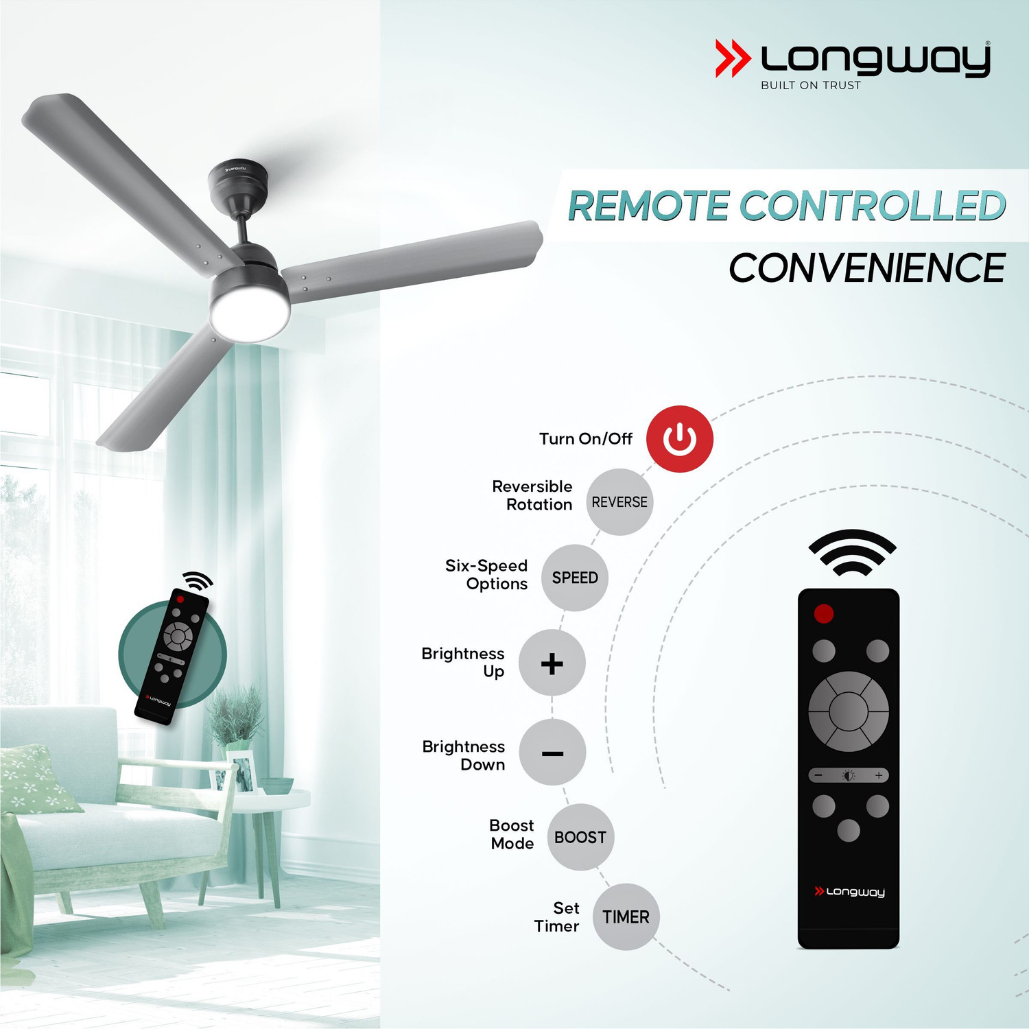 Image of Longway Luminair | BLDC Motor | Remote Control | LED Light | High Speed with 5 Year Warranty BLDC Motor with Remote 1200 mm Ceiling Fan
