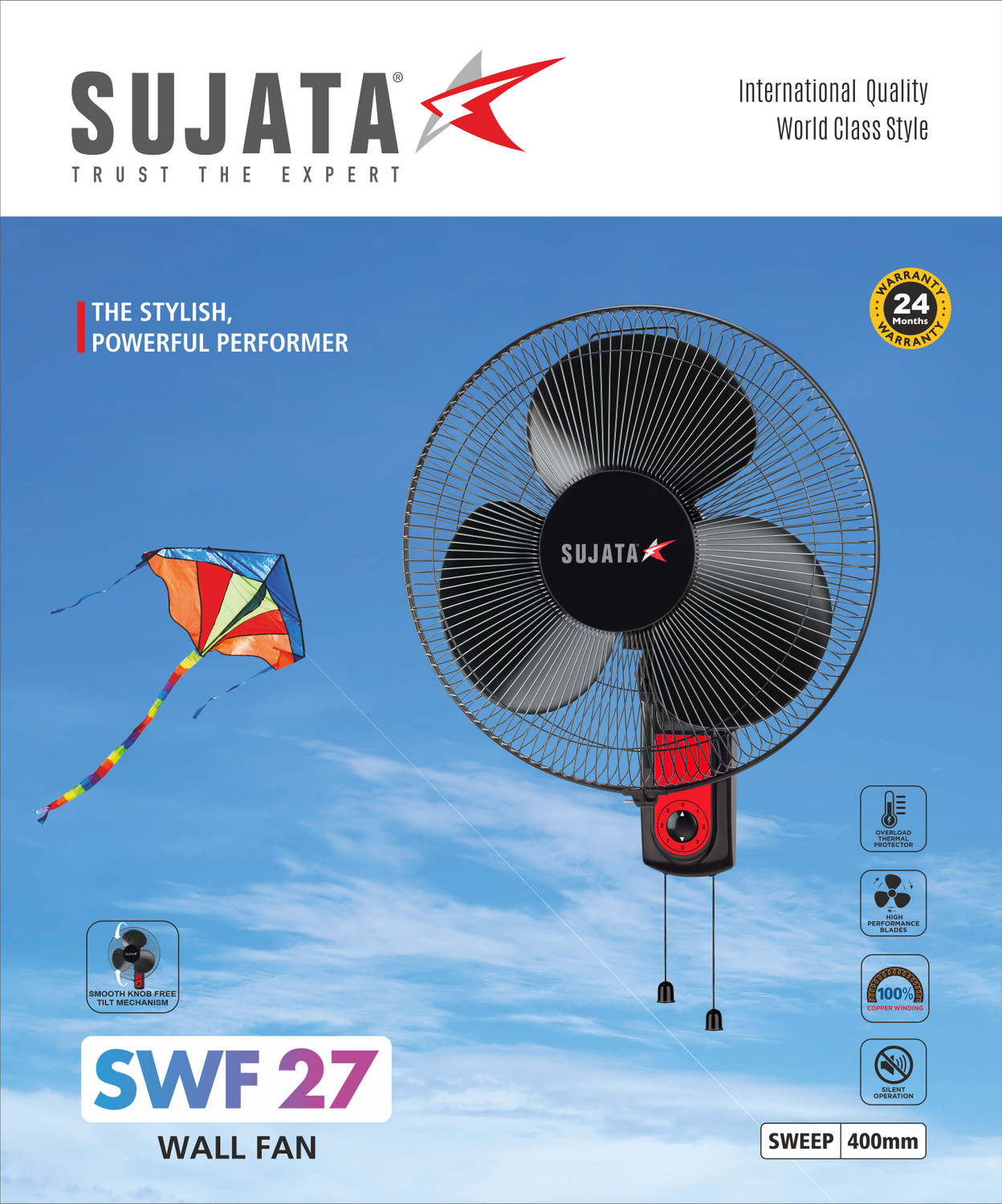Image of SUJATA SWF 27 Wall Fan | 100% Copper Winding | Jerk Free | Oscillating Wall Fan with 2 Year Warranty High Air Delivery 400 mm Wall Fan