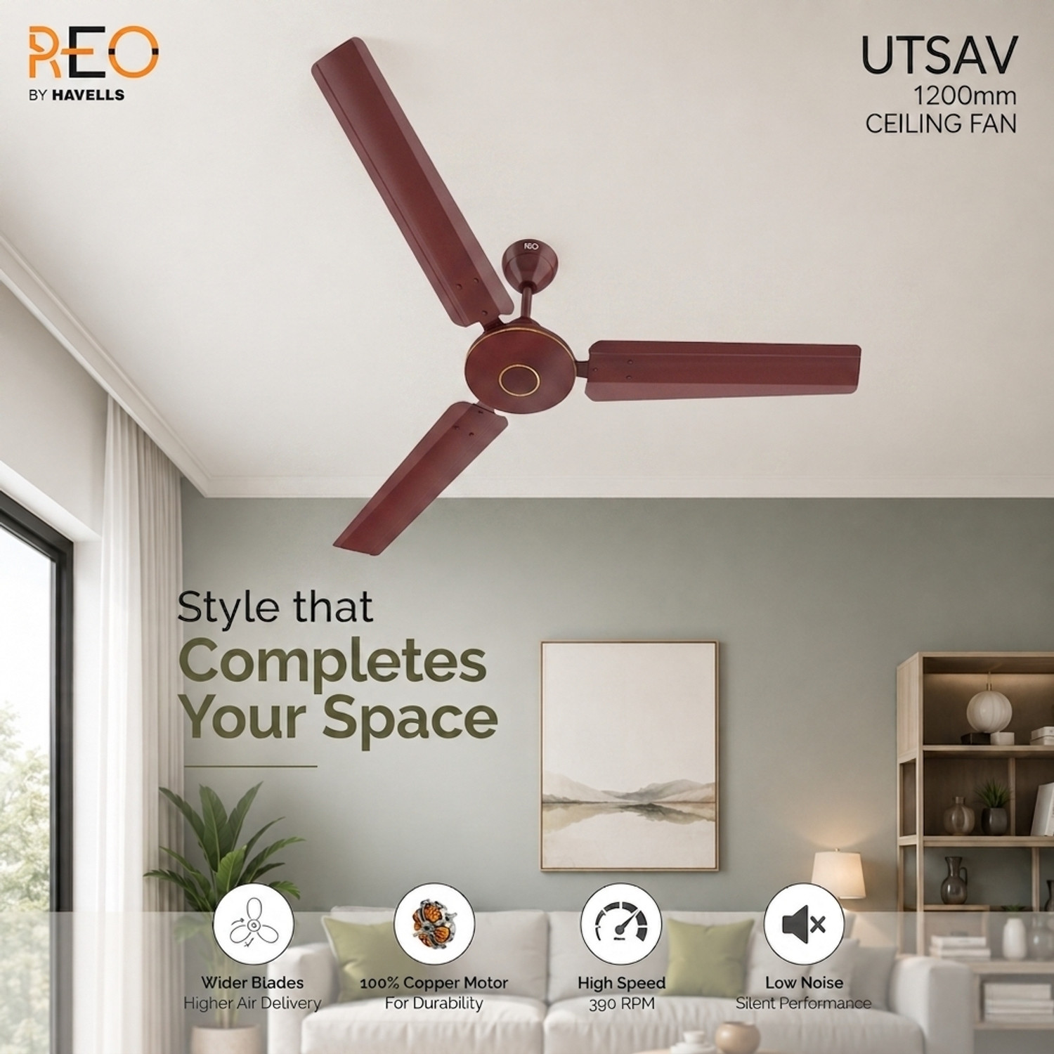 Image of REO Havells Utsav with 24 Months Warranty High Air Delivery, Energy Saving, Anti Rust 1200 mm Ceiling Fan
