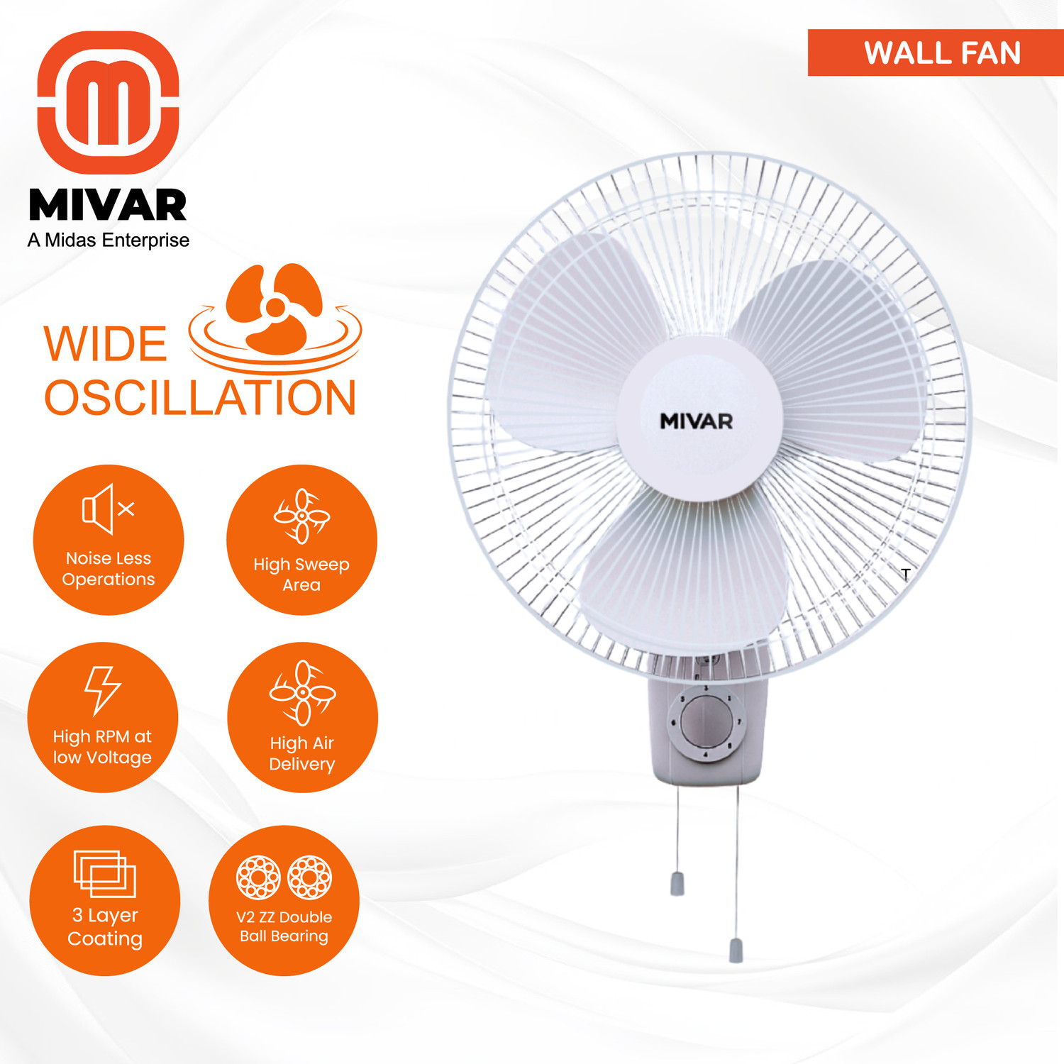 Image of MIVAR ME-MRWF-400 BY MIDAS ELECTRONICS PVT. LTD with 24 Months Warranty 600 mm Wall Fan