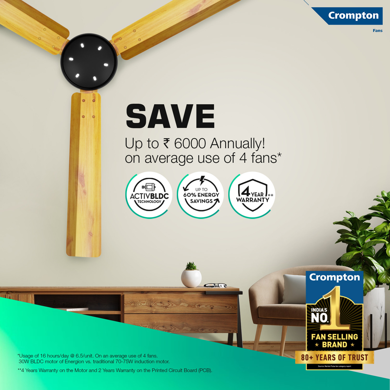 Image of Crompton Energion NITEO with 4 Year Warranty BLDC Motor with Remote 1200 mm Ceiling Fan (5 Star | Light Pinewood | Pack of 1)