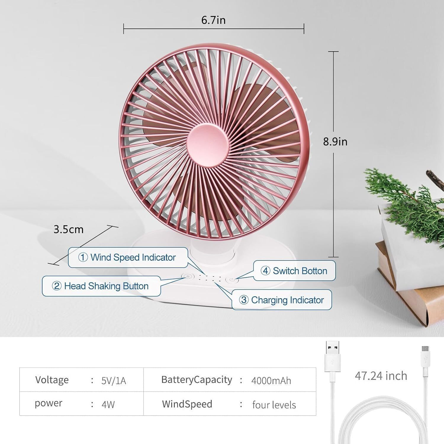Image of LACCO Portable Rechargeable Fan USB Charging Personal Mini Fan for Home Office Bedroom Kitchen Table and Desktop USB Fan, USB Cable