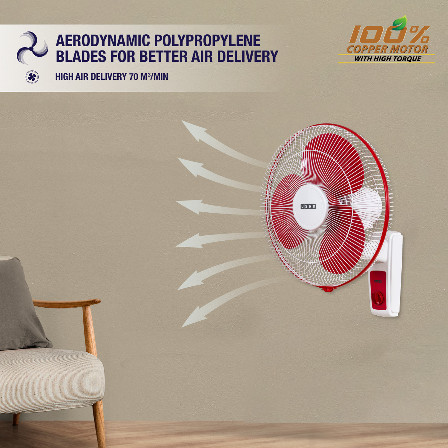 Image of USHA Maxx Air with 2 Year Warranty 400 mm Wall Fan (Red White | Pack of 1)