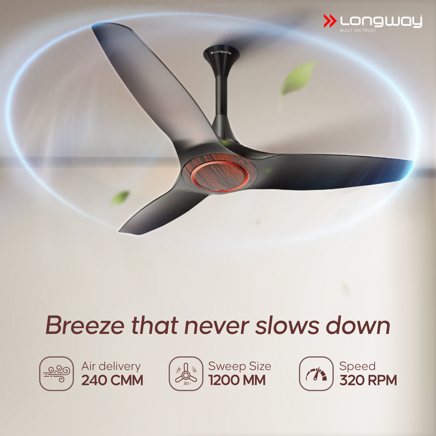 Image of Longway Glideon Black with 5 Year Warranty BLDC Motor with Remote 1200 mm Ceiling Fan
