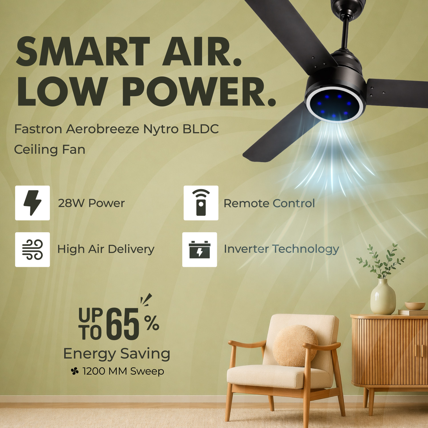 Image of FASTRON AeroBreeze Nytro BLDC Ceiling Fans with 60 Months Warranty BLDC Motor with Remote, Ultra High Speed, IoT Enabled, Energy Saving, High Air Delivery 1199 mm Ceiling Fan