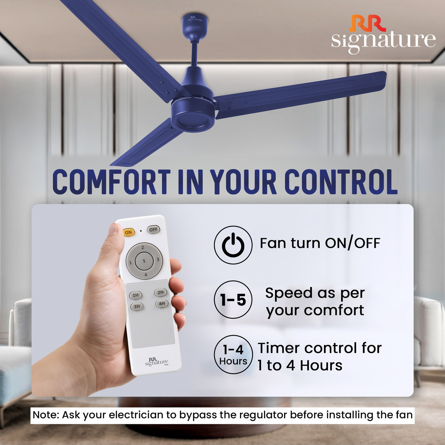 Image of RR Energy Pro Slim with 2 Year Warranty BLDC Motor 1200 mm Ceiling Fan (5 Star | Oxford Blue | Pack of 1)
